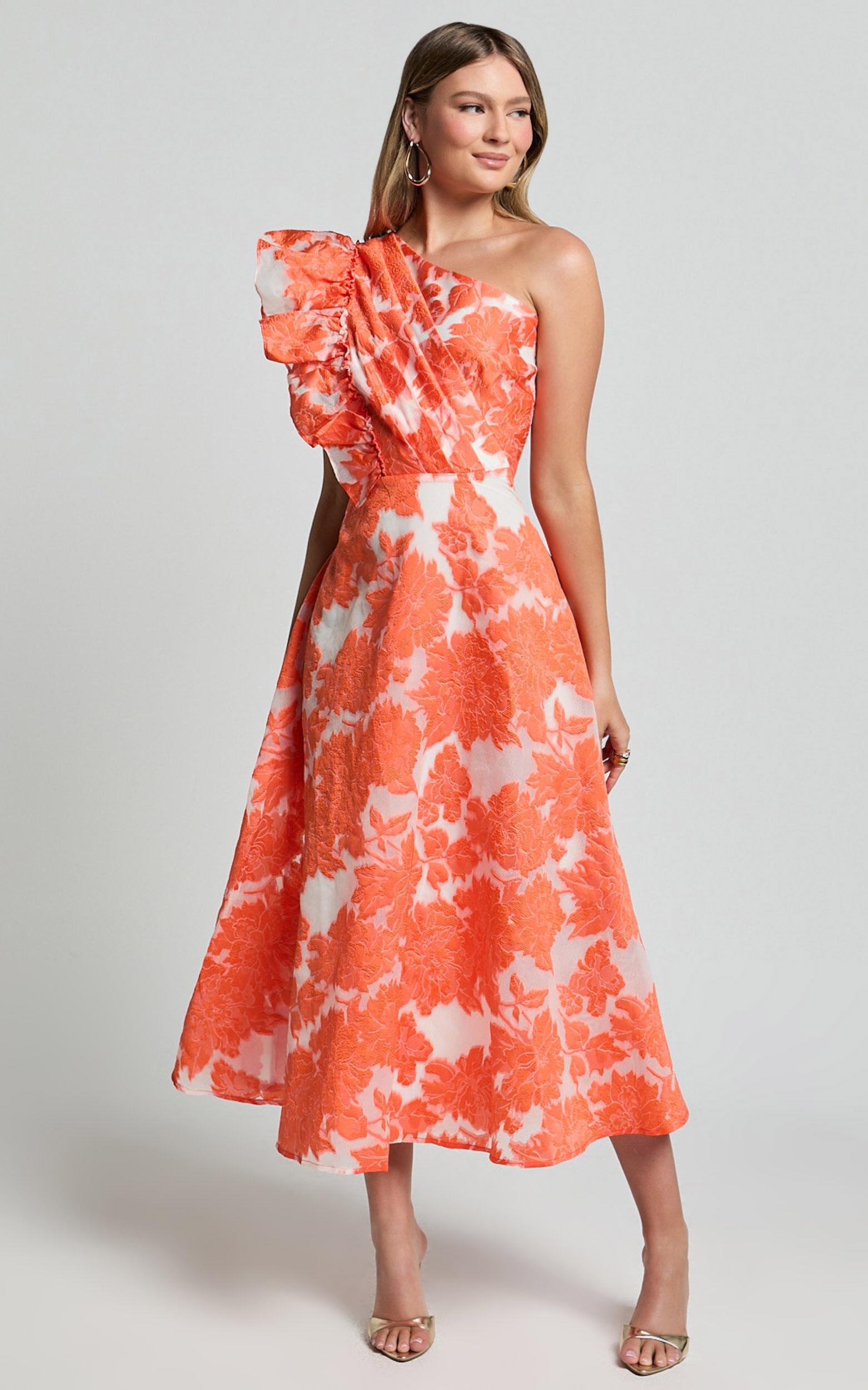 Alfreda Midi Dress - One Shoulder Ruffle Detail Brailey Jacquard Dress in Orange Jacquard Product Image