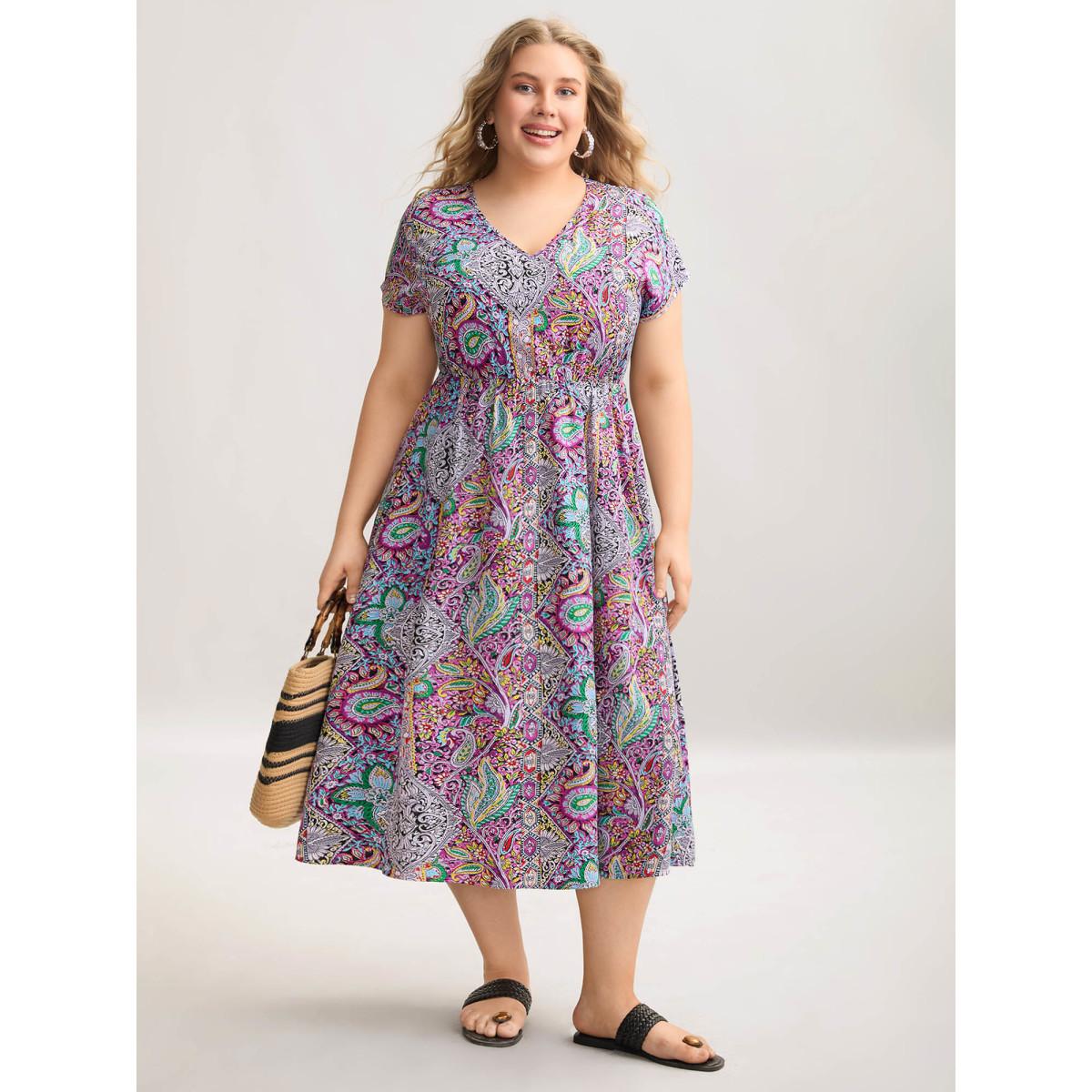 Plus Size Paisley Print Pockets V-Neck Midi Dress Magenta Women Boho Non V-neck Cap Sleeve Curvy BloomChic 14-16/1X Product Image