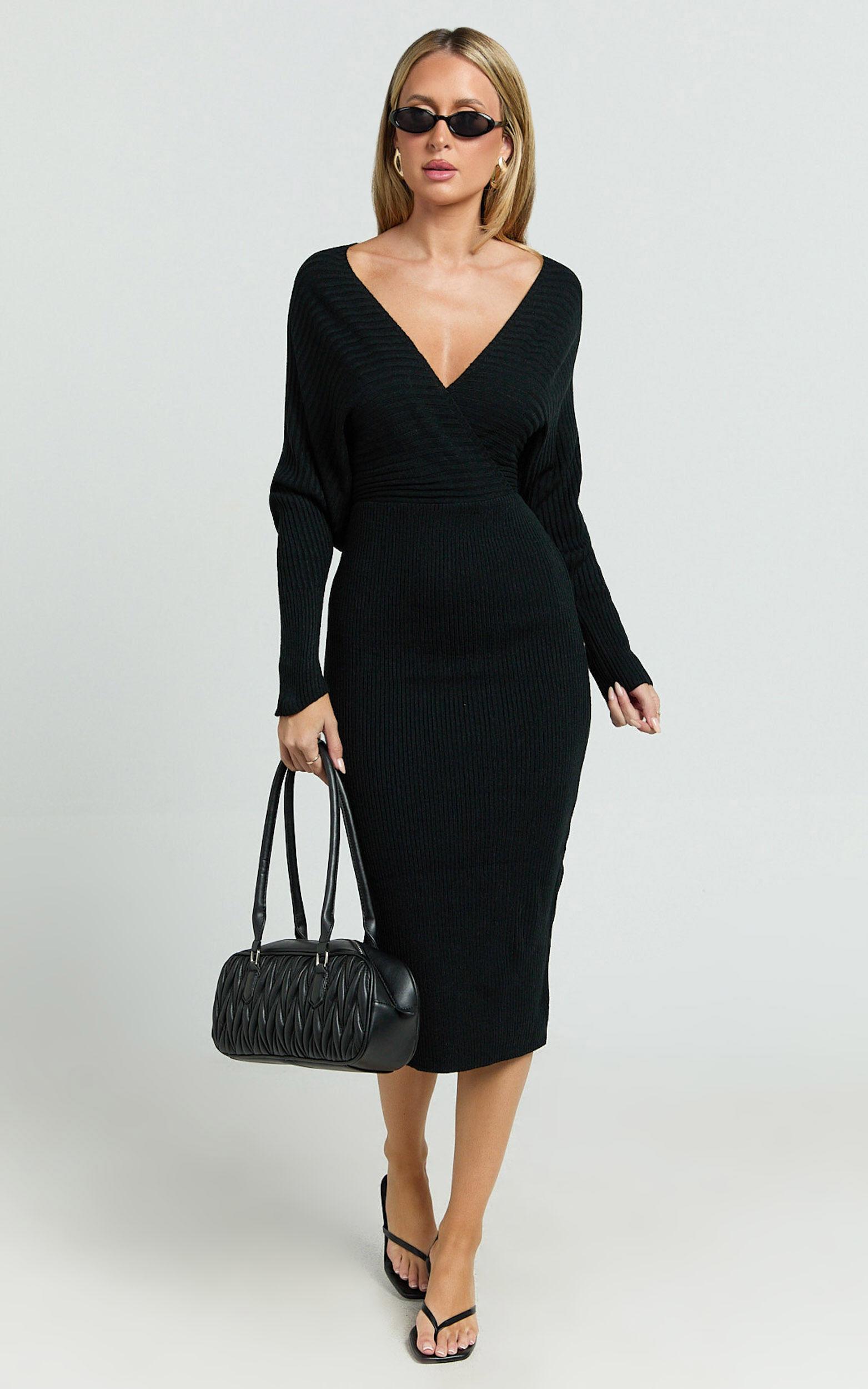 Sheika Midi Dress - Long Sleeve Off Shoulder Knit Dress in Black Product Image