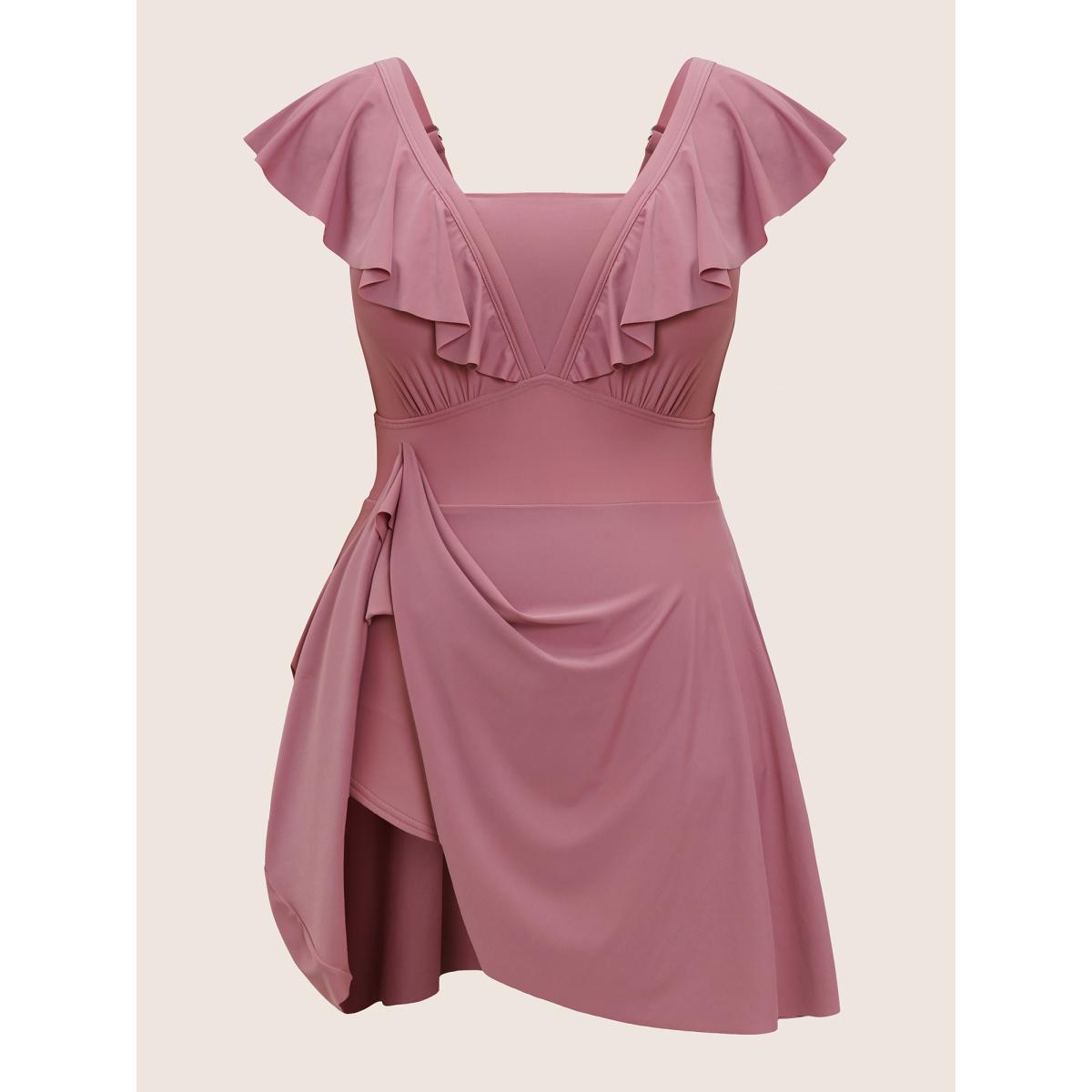 Plus Size Solid Flutter Trim A Line Swim Dress Women's Swimwear DustyPink Beach Bodycon Square Neck High stretch Curve Swim Dresses BloomChic 12/L Product Image