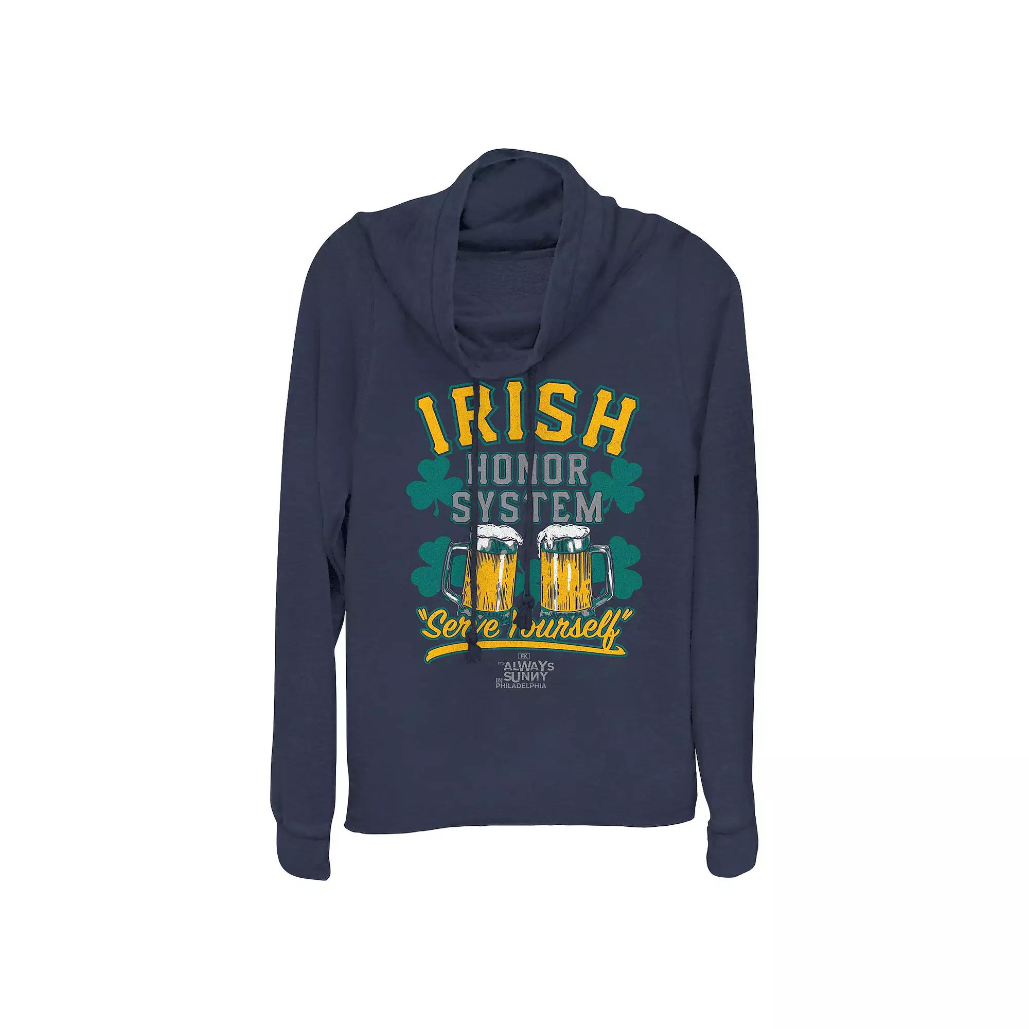 Women's It's Always Sunny In Philadelphia Irish Honor System Serve Yourself Cowlneck Graphic Lightweight Long Sleeve, Size: XS, Blue Product Image