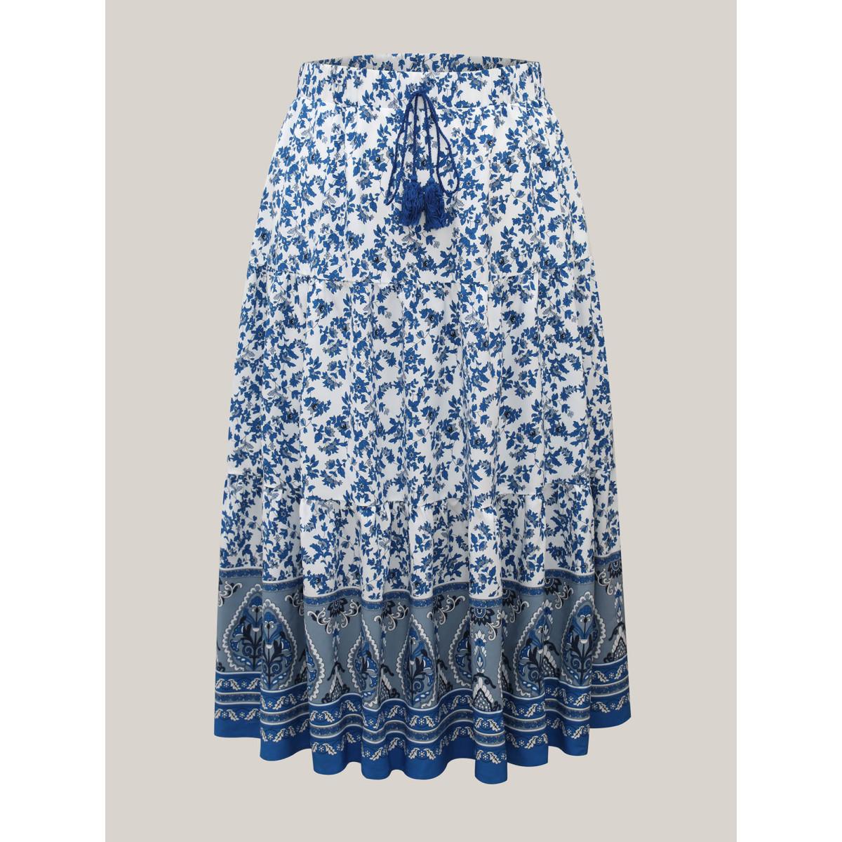 Plus Size Floral Boho Print Waist-Tie Maxi Skirt Women LightBlue Loose No stretch Side seam pocket Vacation Skirts BloomChic 18-20/2X Product Image