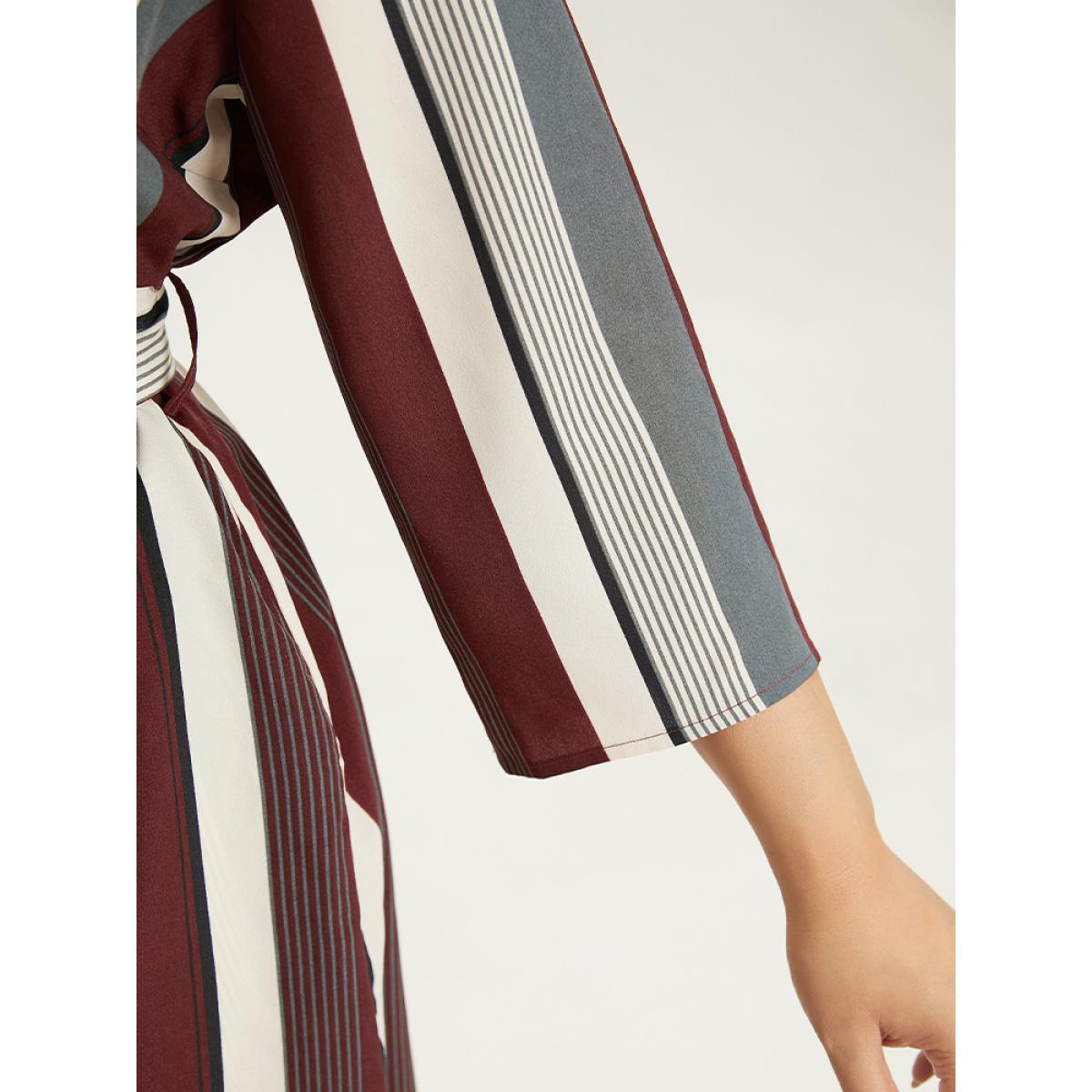 Plus Size Striped Contrast Pocket Button Through Belted Shirt Collar Dress Multicolor Women Work From Home Belted Shirt collar Elbow-length sleeve Curvy Midi Dress BloomChic 30/6X Product Image