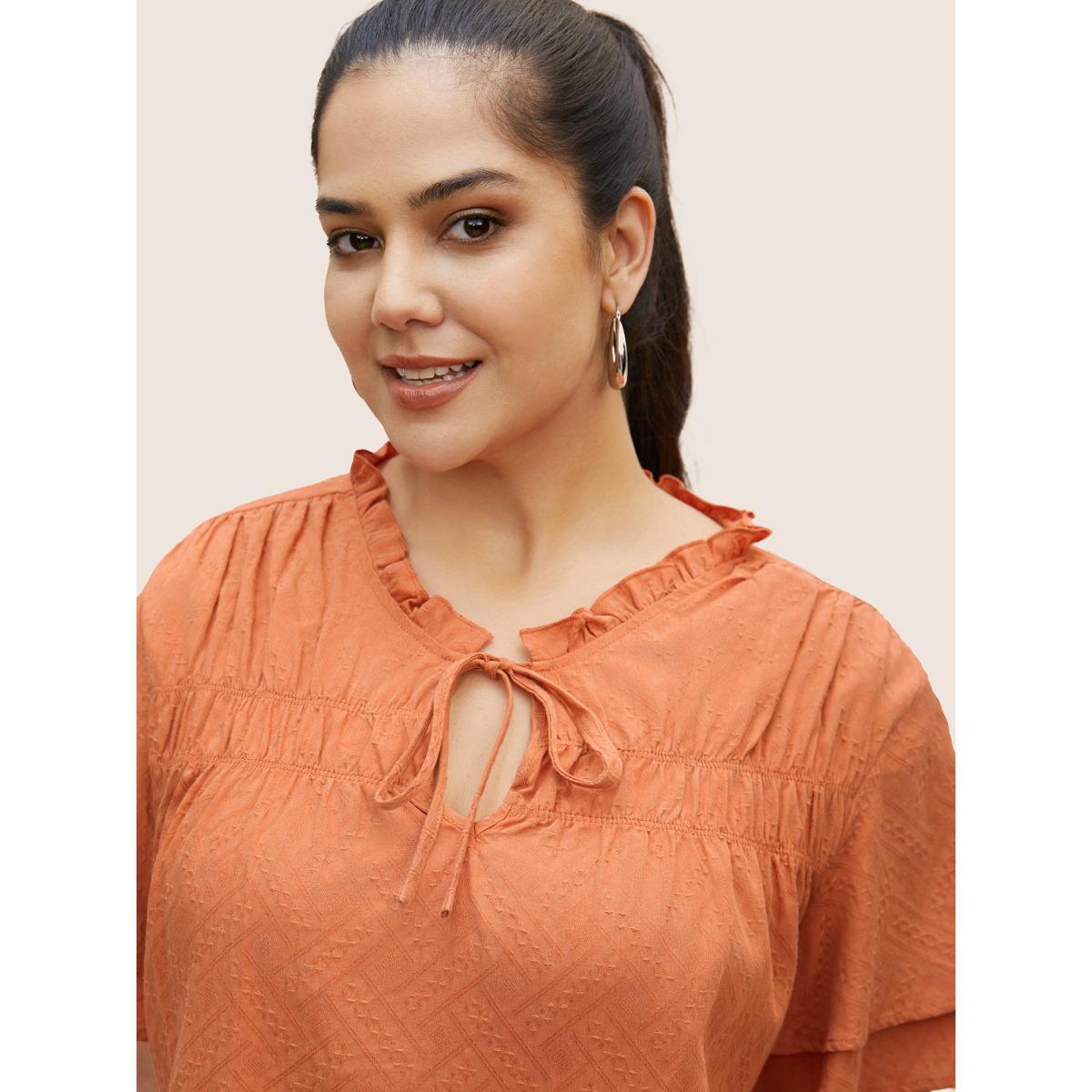 Plus Size OrangeRed Texture Tiered Ruffles Gathered Frill Trim Blouse Women Casual Short sleeve Notched collar Everyday Blouses BloomChic 26/4X Product Image