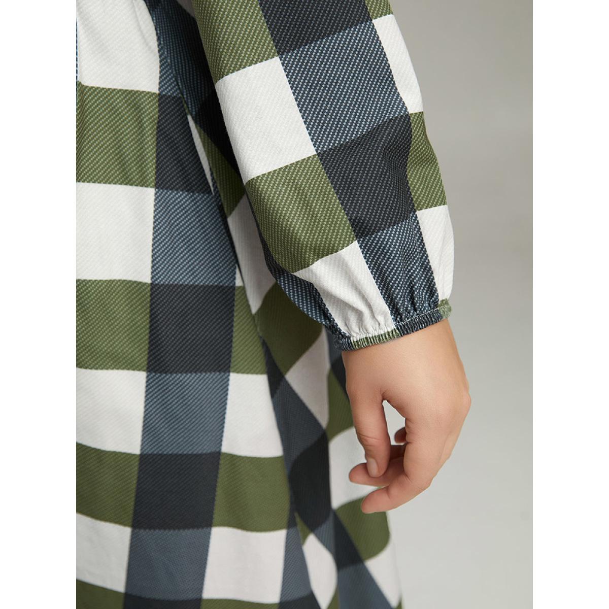 Plus Size Plaid Lantern Sleeve Ruffle Hem Dress DimGray Women Casual Elastic cuffs Scoop Neck Long Sleeve Curvy Midi Dress BloomChic 12/L Product Image