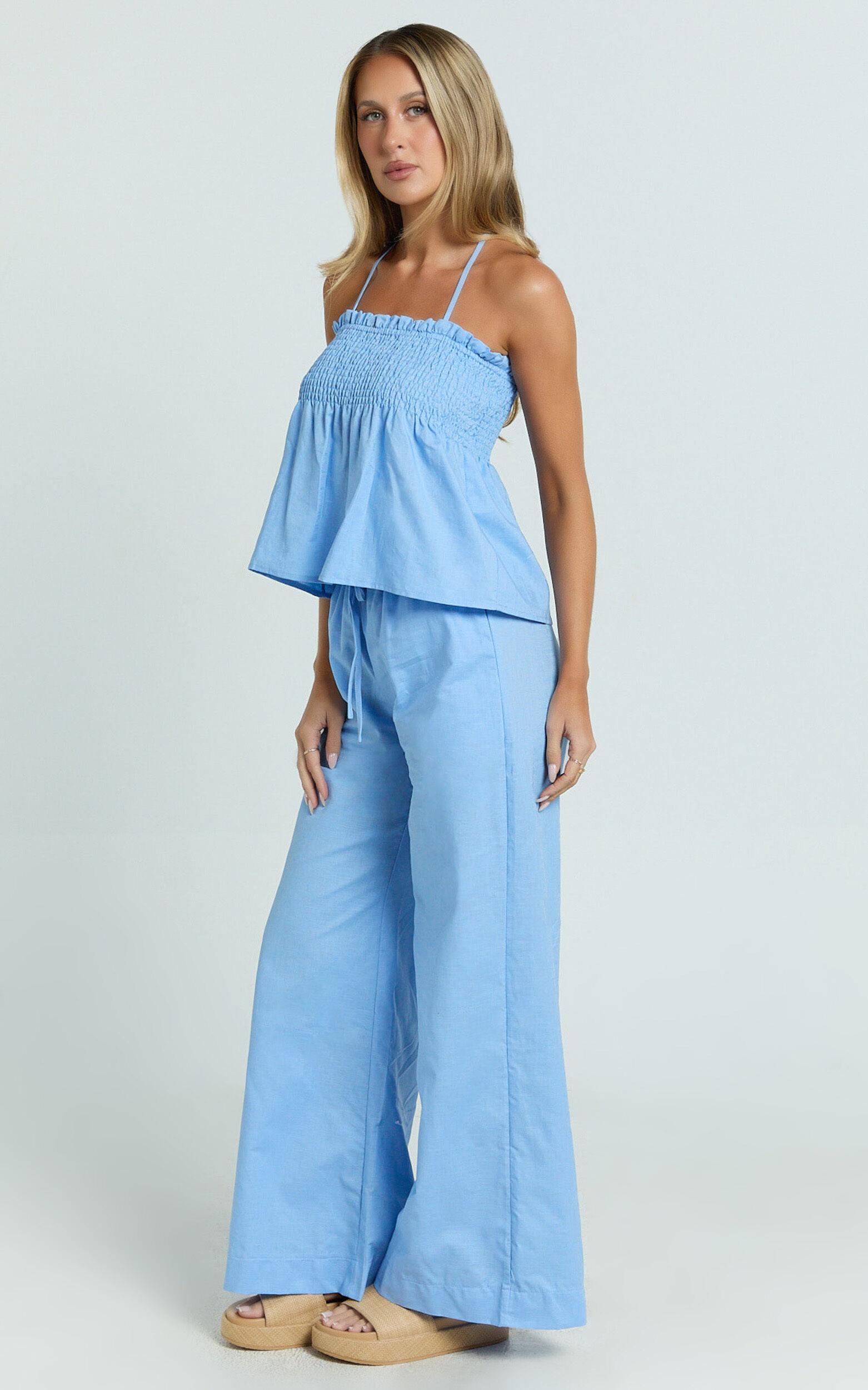 Alma Two Piece Set - Cotton Cami Pant Set in Blue Product Image