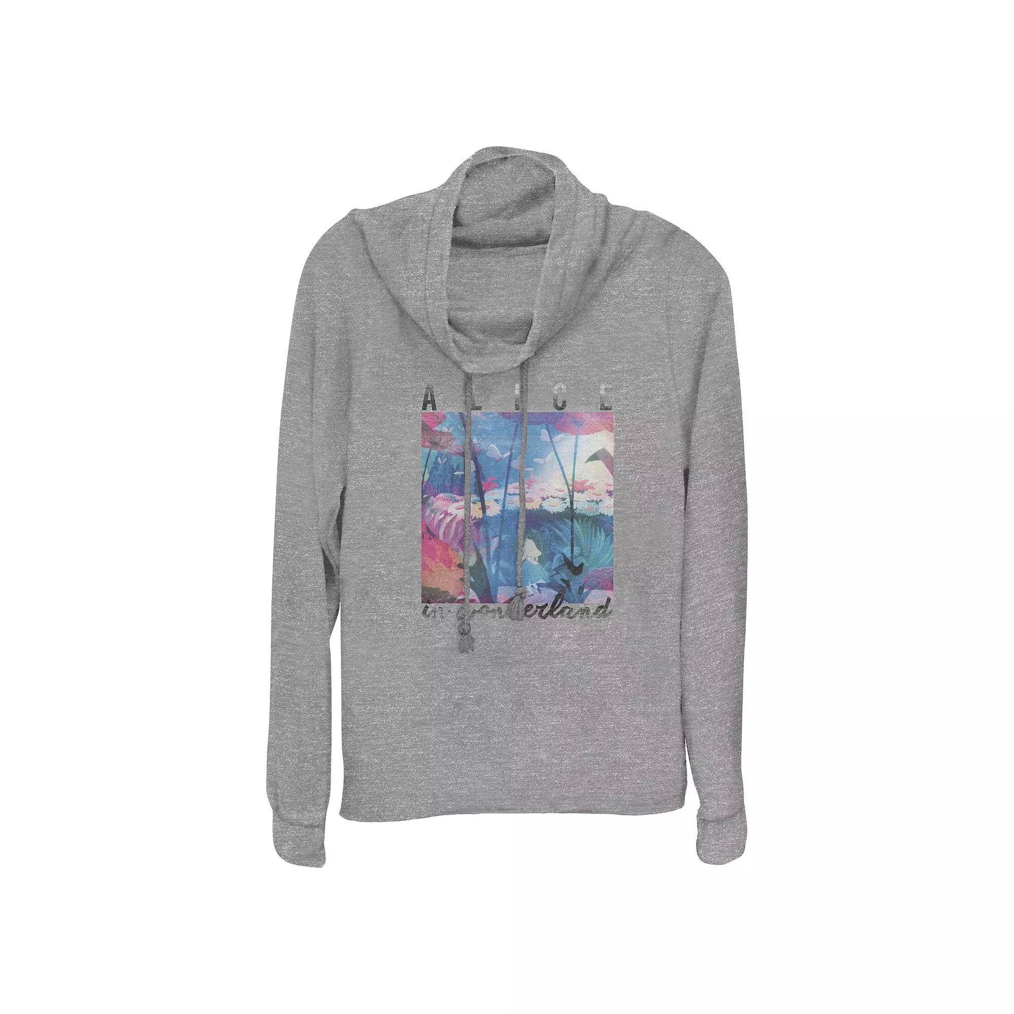 Disney's Alice In Wonderland Magic Garden Scene Women's Cowlneck Graphic Lightweight Long Sleeve, Size: Small, Gray Grey Product Image