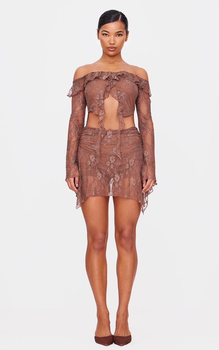Chocolate Lace Cut Out Bardot Filly Detail Romper Product Image