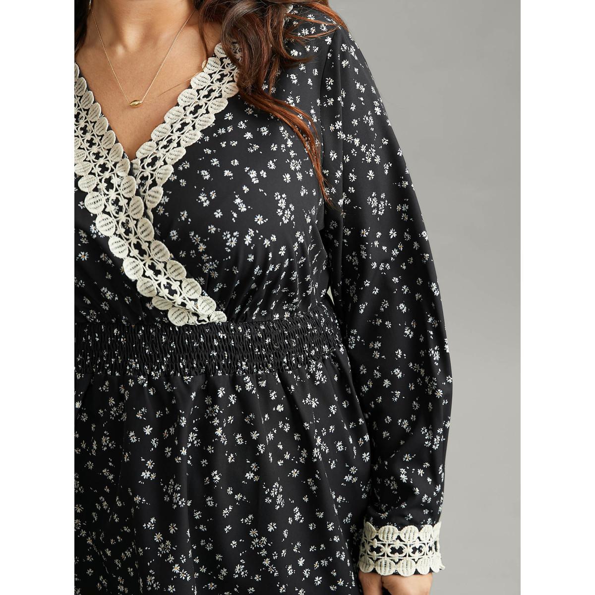 Plus Size Black Ditsy Floral Wrap Shirred Lace Patchwork Blouse Women Elegant Long Sleeve Overlap Collar Vacation Blouses BloomChic 14-16/1X Product Image