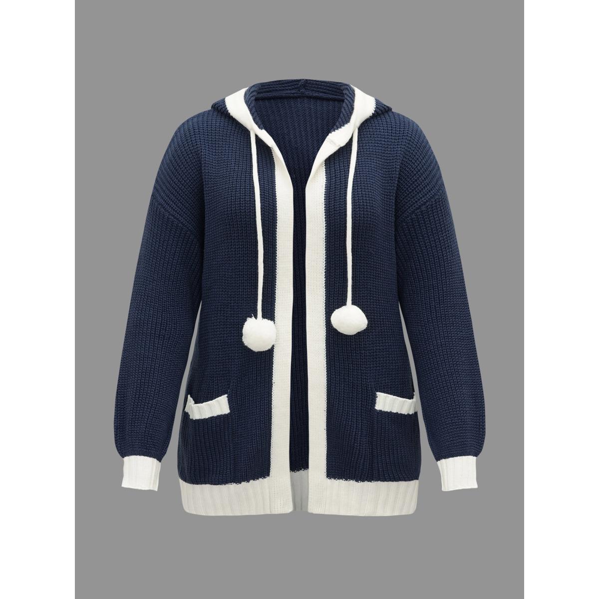 Plus Size Contrast Hood Hemline Pockets Open Cardigan Indigo Women Casual Loose Long Sleeve Everyday Cardigans BloomChic 18-20/2X Product Image