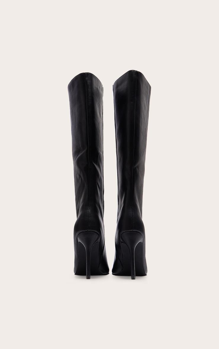 Black PU Point Toe Stiletto Knee High Heeled Boots Product Image