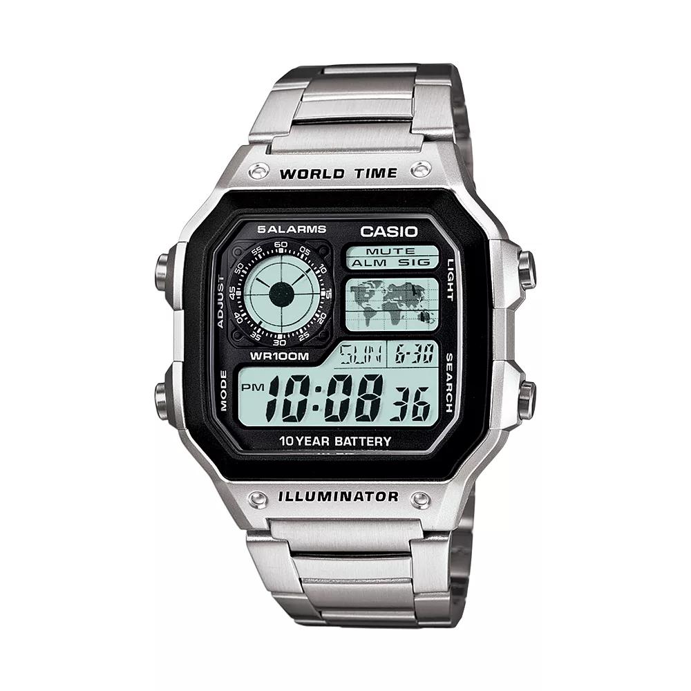 Casio World Time Stainless Steel Digital Chronograph Watch - AE1200WHD-1A - Men, Men's, Gray Product Image