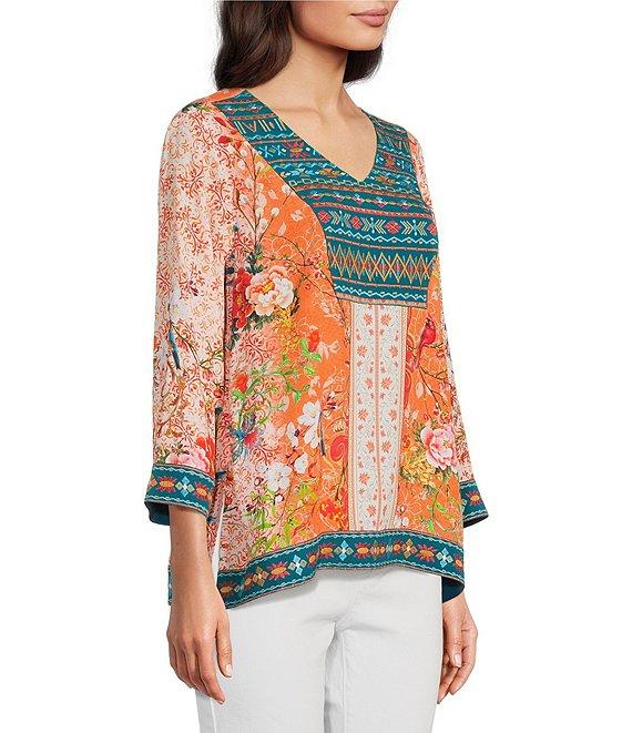 John Mark Embroidered Printed V-Neck 3/4 Sleeve Top Product Image