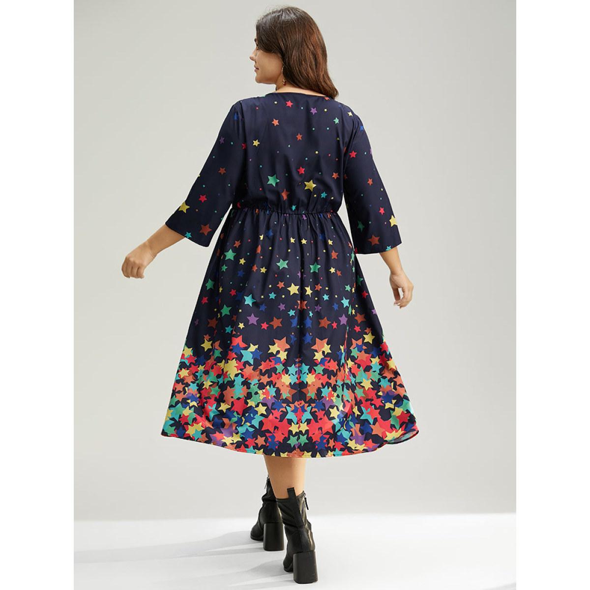 Plus Size Star Print Keyhole Pocket Elastic Waist Dress Indigo Women Elegant Printed Keyhole Cut-Out Elbow-length sleeve Curvy Midi Dress BloomChic 10/M Product Image