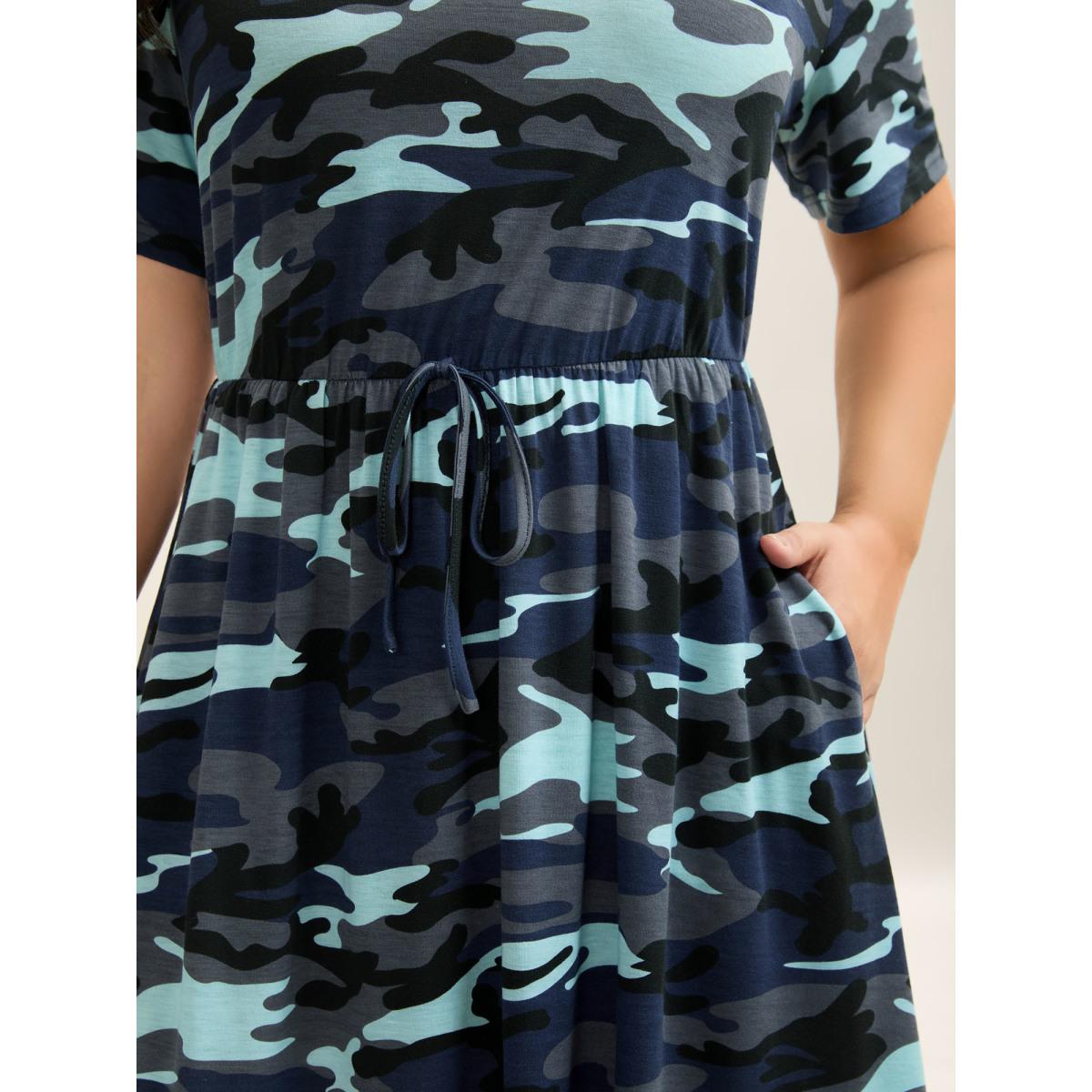 Plus Size Camouflage Print Round Neck Pockets Midi Dress Navy Women Leisure Tie knot Knit Dresses Bloomchic 22-24/3X Product Image