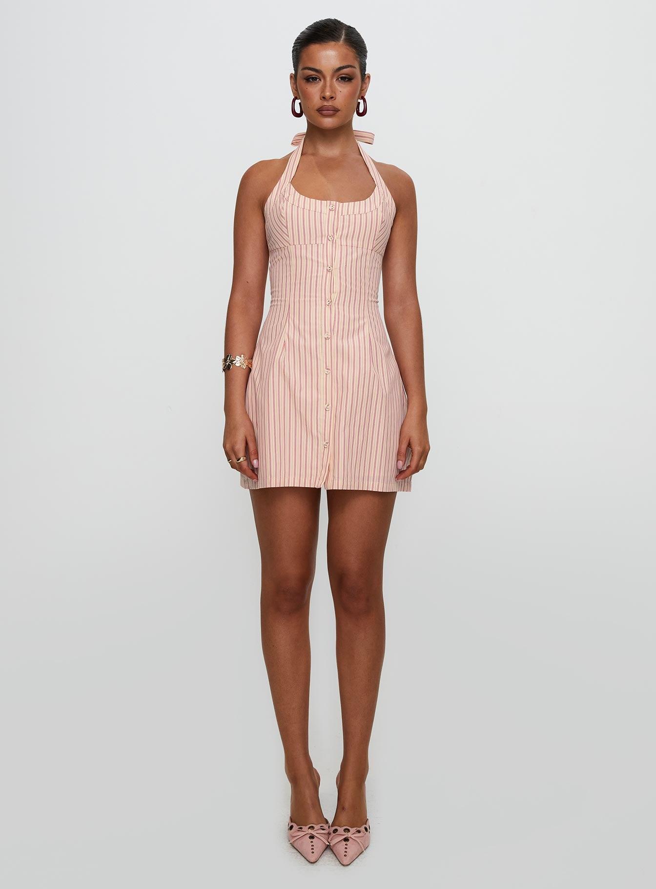 Mallorie Halter Mini Dress Pink Stripe Product Image