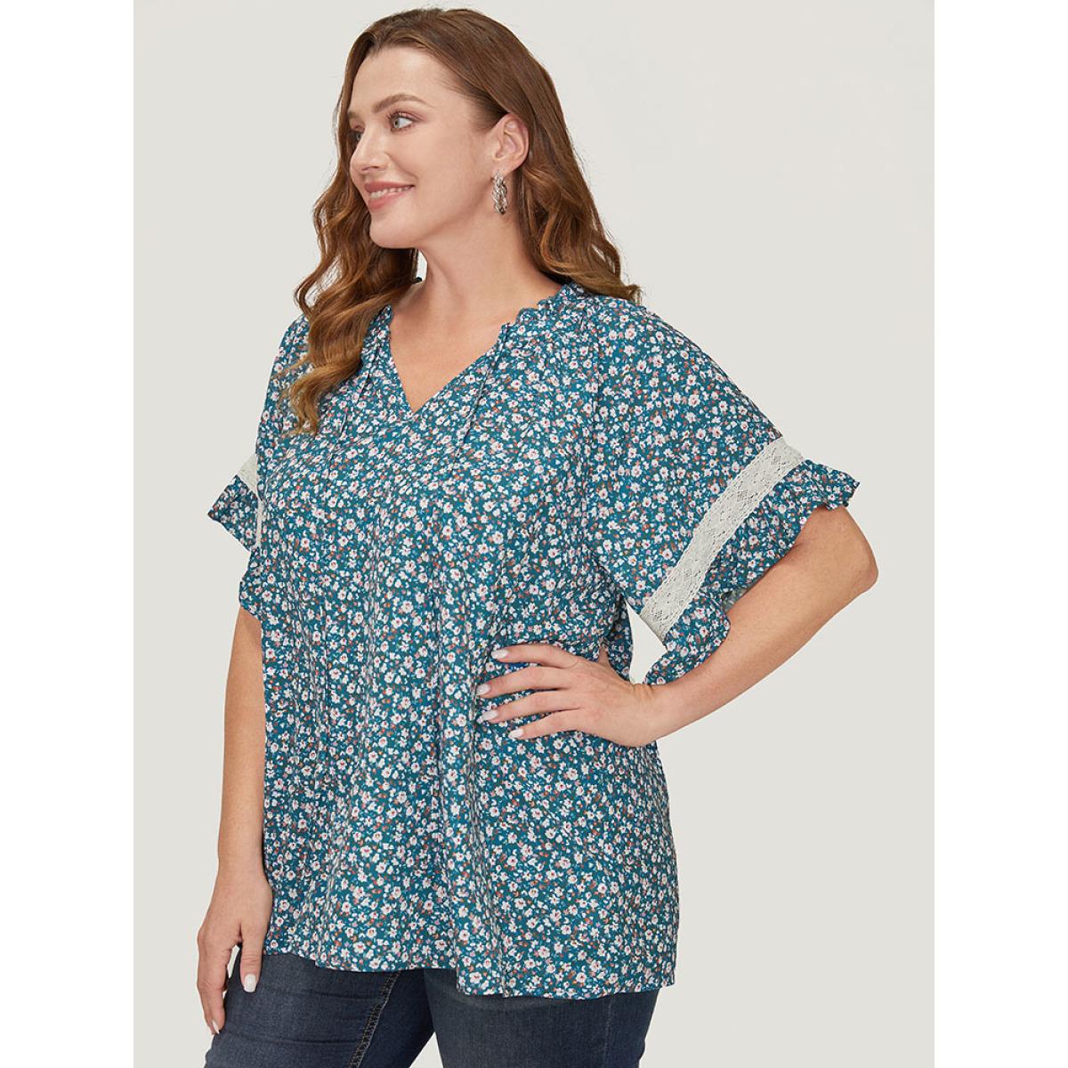 Plus Size Aegean Ditsy Floral Frill Trim Lace Ruffle Sleeve Tie Neck Blouse Women Elegant Short sleeve Tie Neck Dailywear Blouses BloomChic 18-20/2X Product Image