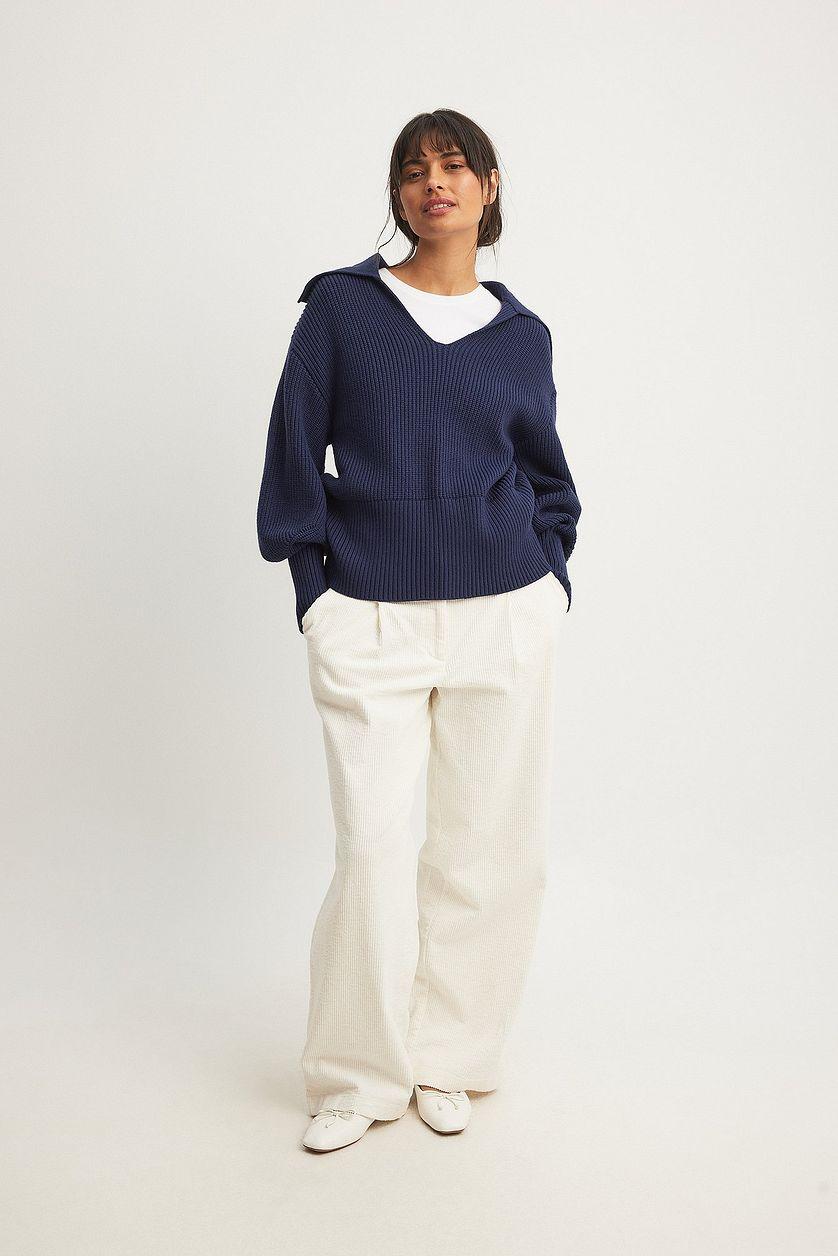 V-neck Knitted Collar Sweater Product Image