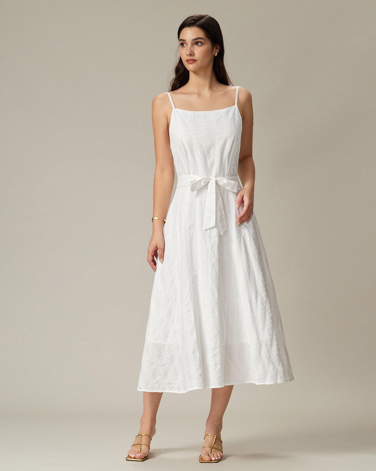 White Textured Square Neck Slip Midi Dress Product Image