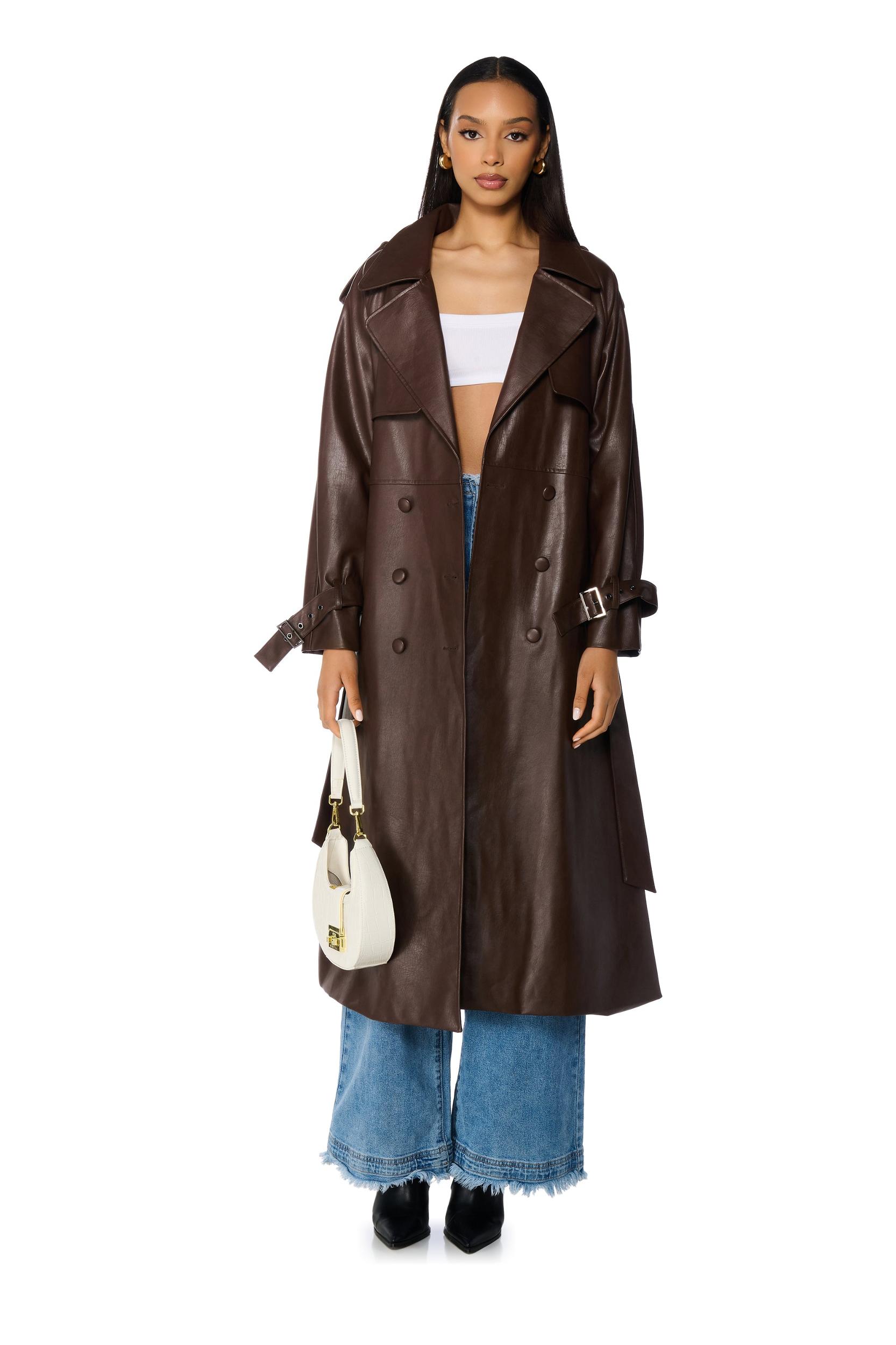 AU REVOIR FAUX LEATHER TRENCH IN BROWN Product Image
