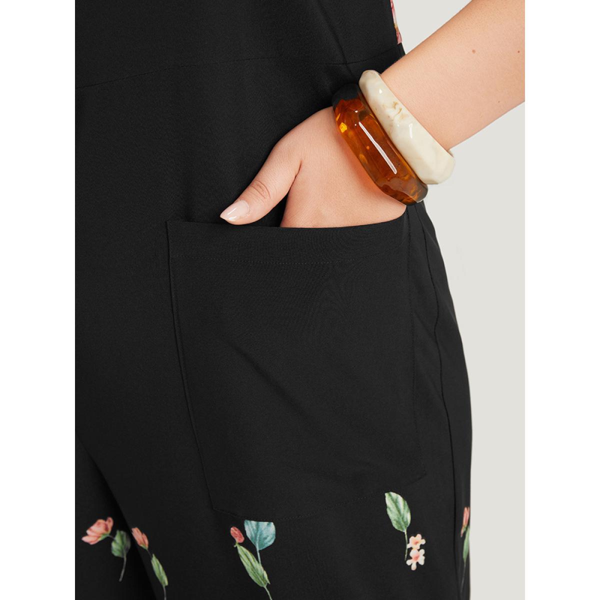 Plus Size Black Floral Square Neck Zip Back Pocket Jumpsuit Women Elegant Sleeveless Square Neck Dailywear Loose Jumpsuits BloomChic 28/5X Product Image
