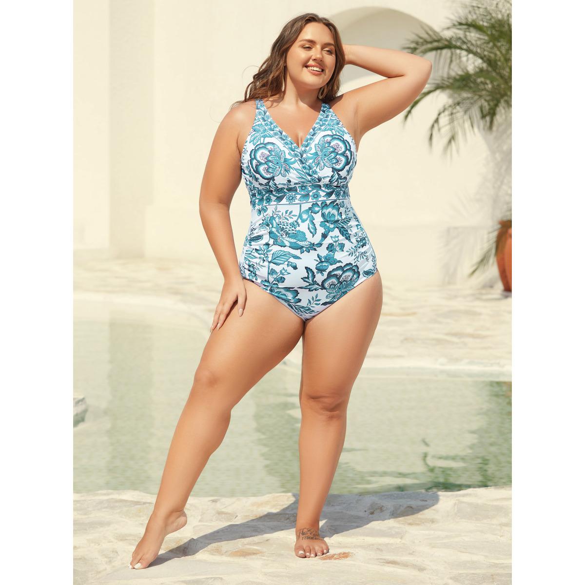 Plus Size Two-Piece Floral Print Ruched Mesh Swimsuit, Sarong Women's Swimwear Teal Resort Gathered Curve Bathing Suits High stretch One Pieces BloomChic 18-20/2X Product Image