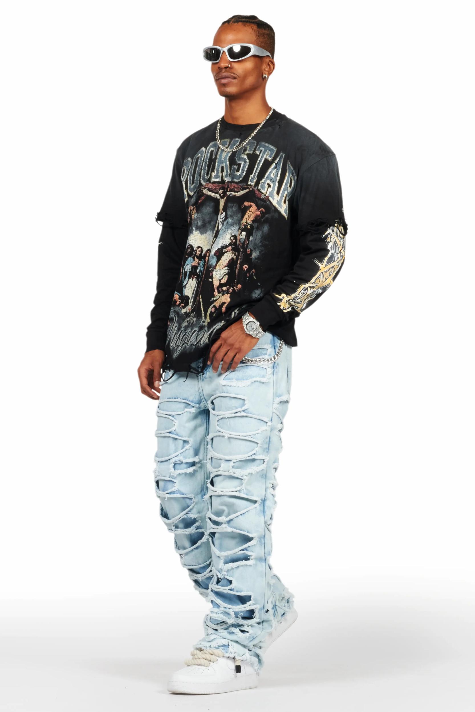 Waller Black Double Layer Long Sleeve Graphic T-Shirt Male Product Image