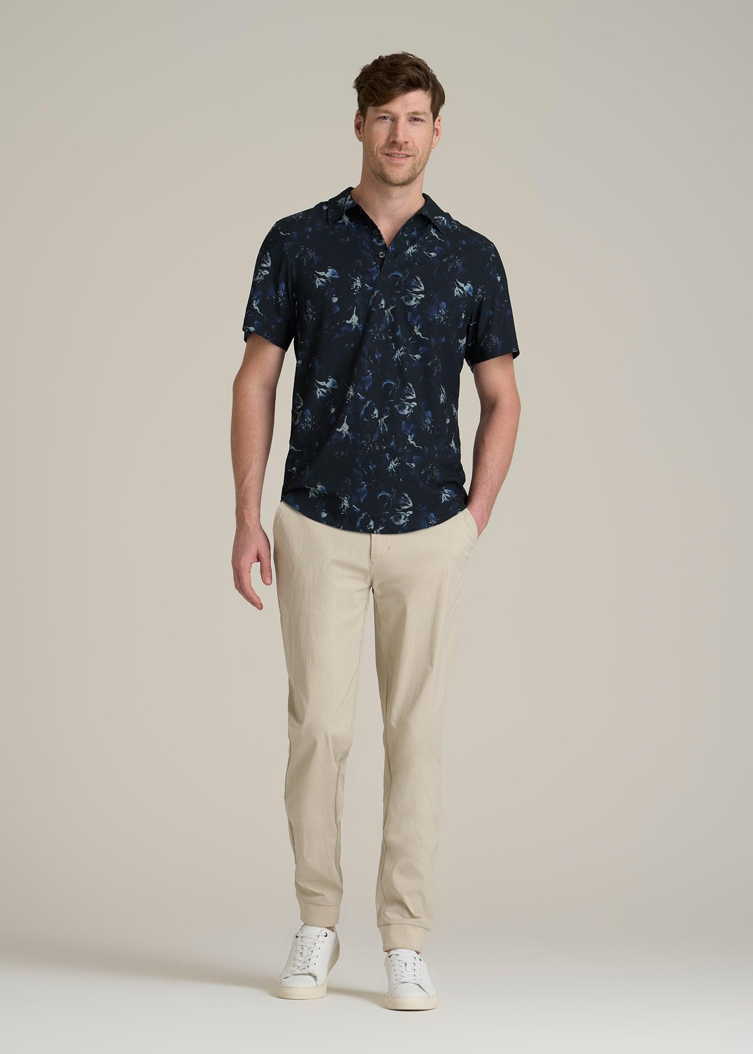 Coastal Perforated Polo Shirt for Tall Men in Black and Violet Floral Male Product Image