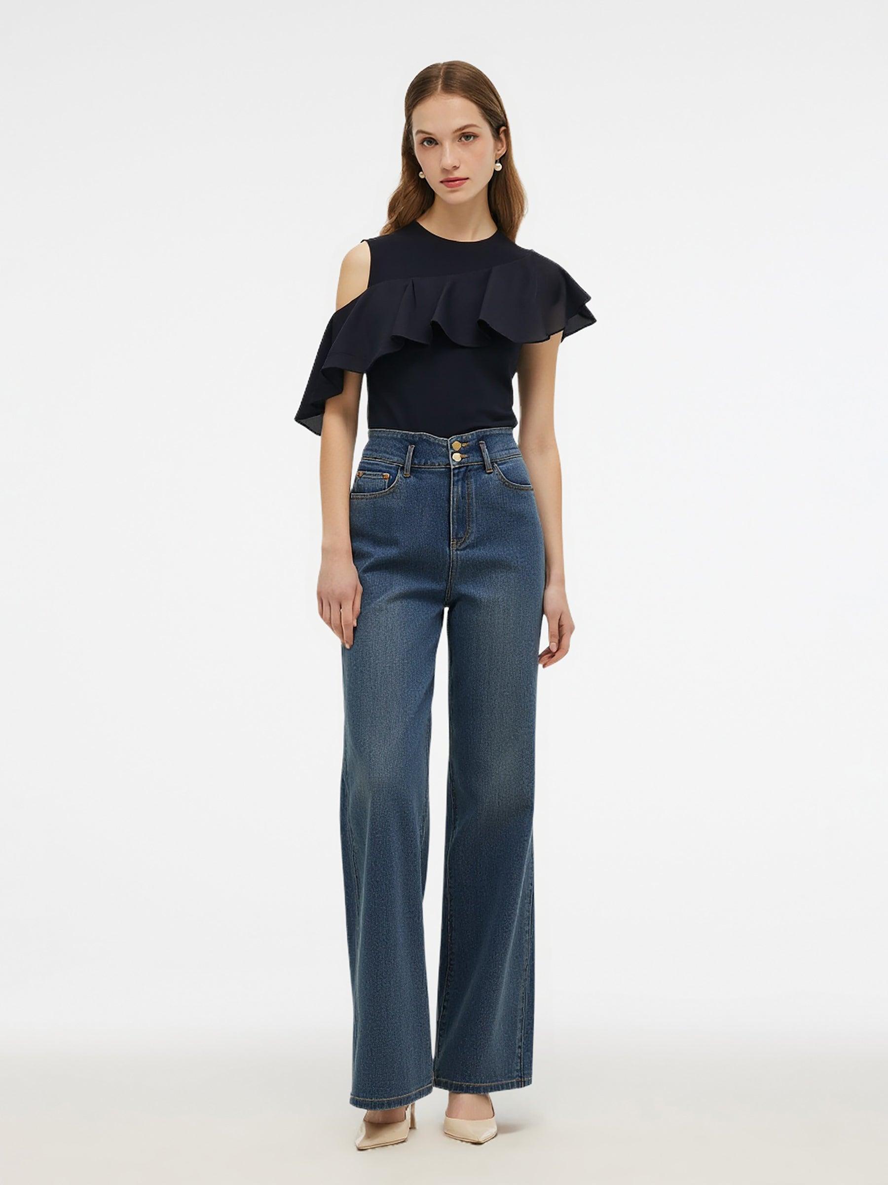 Tencel Blend Slant Ruffle Women Off-Shoulder Knit Top Product Image