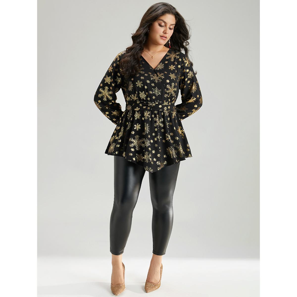 Plus Size Black Glitter Snowflake Elastic Waist Ruched Wrap Blouse Women Cocktail Long Sleeve Overlap Collar Party Blouses BloomChic 14-16/1X Product Image
