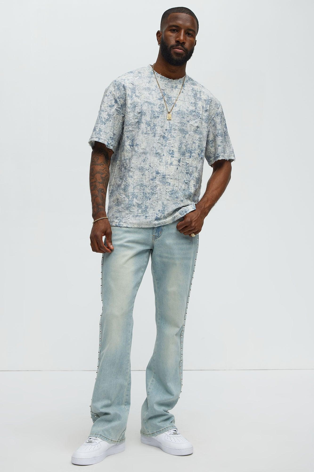 Distressed Relaxed Short Sleeve Tee Shirt - Cream Male Product Image