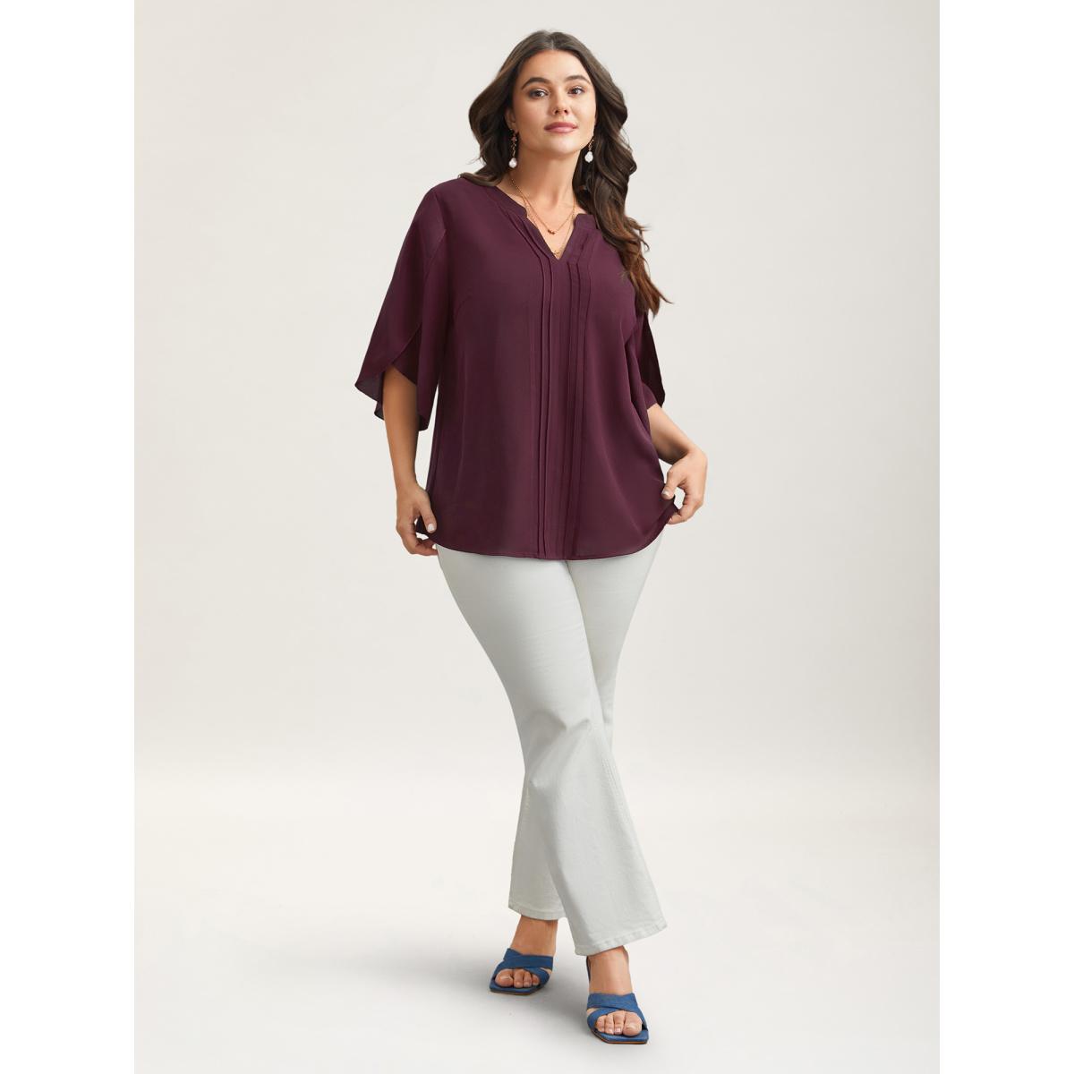 Plus Size Browncoffeecolor Petal Sleeve Toothpick Pleats Shirt Women Office Elbow-length sleeve Notched collar Office Blouses BloomChic 12/L Product Image