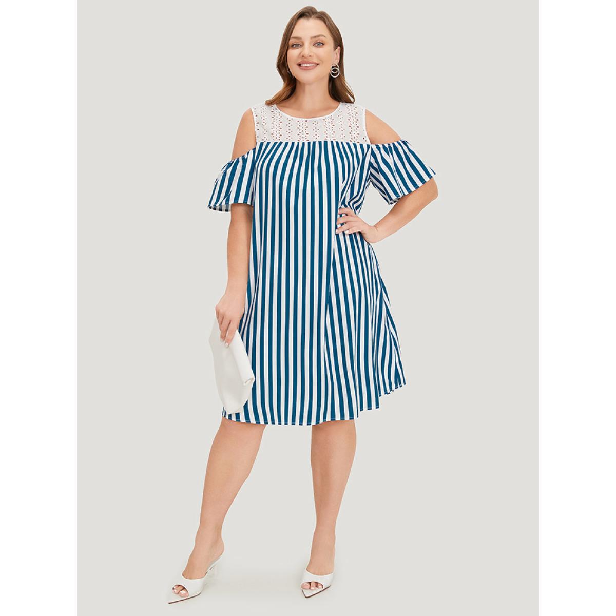 Plus Size Laser Cut Pocket Striped Patchwork Keyhole Dress Aegean Women Office Patchwork Round Neck Short sleeve Curvy Knee Dress BloomChic 18-20/2X Product Image