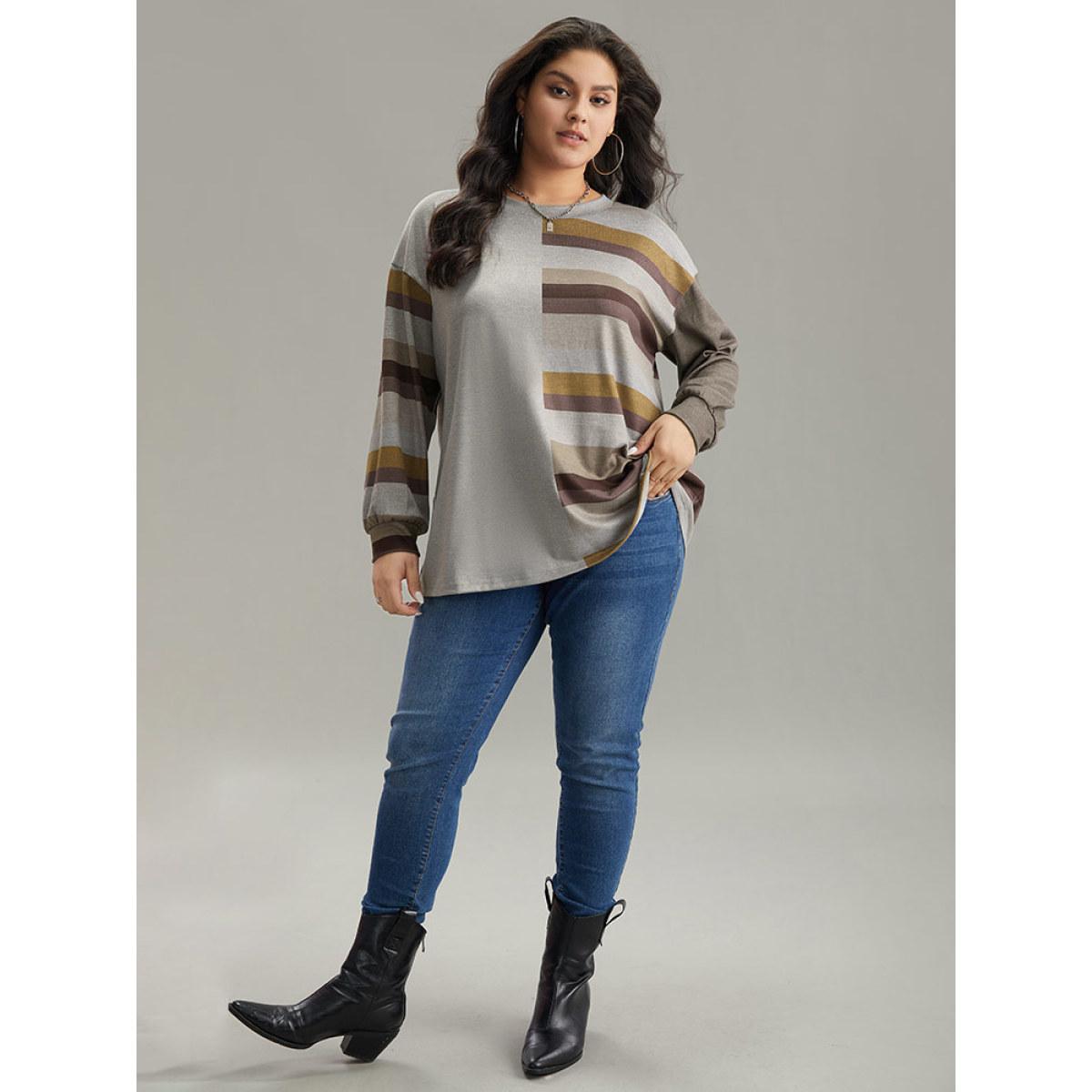 Plus Size Striped Patchwork Contrast Crew Neck Sweatshirt Women DimGray Casual Elastic cuffs Round Neck Dailywear Sweatshirts BloomChic 12/L Product Image