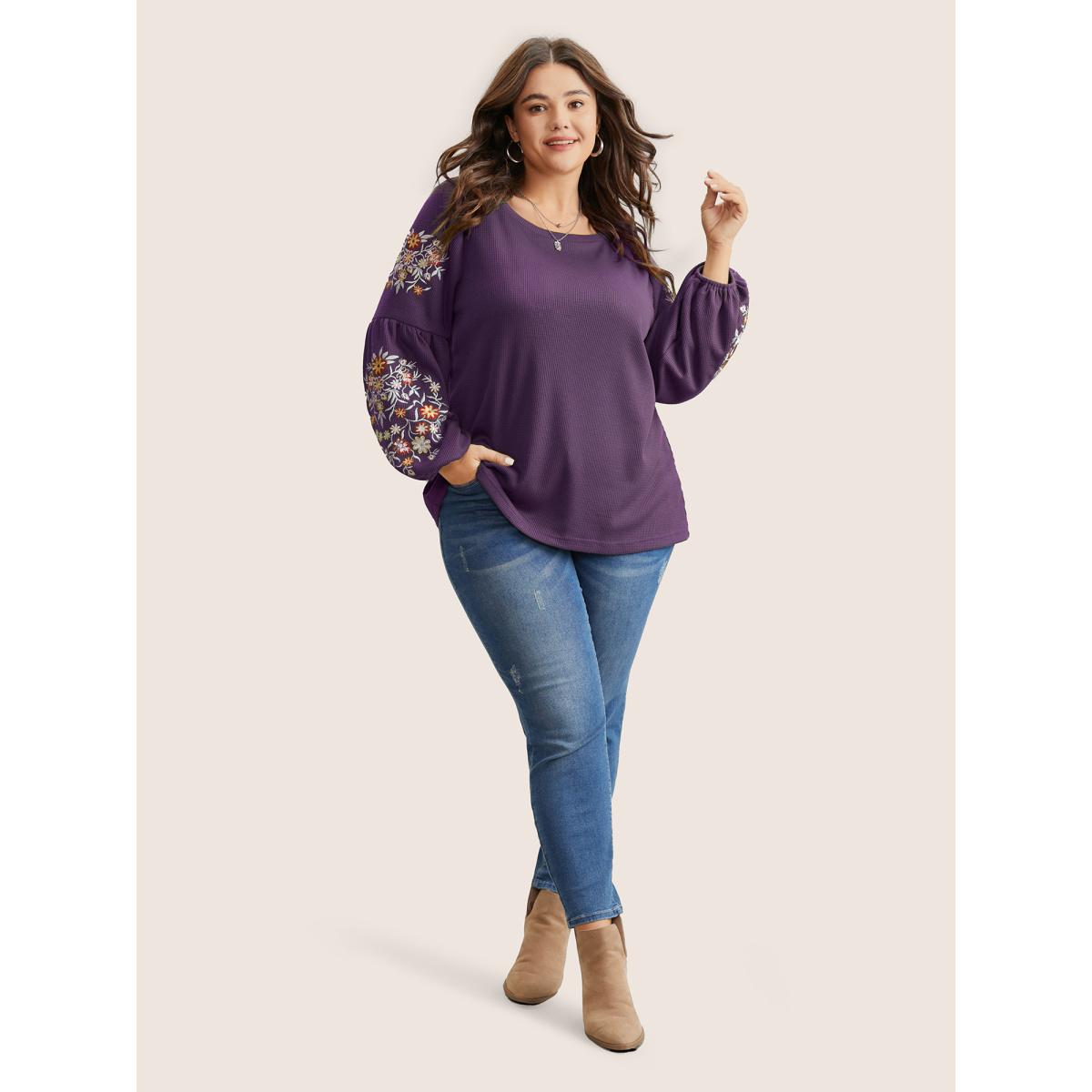 Plus Size Waffle Knit Floral Embroidered Lantern Sleeve T-shirt Mauve Women Elegant Texture Floral Round Neck Everyday T-shirts BloomChic 12/L Product Image