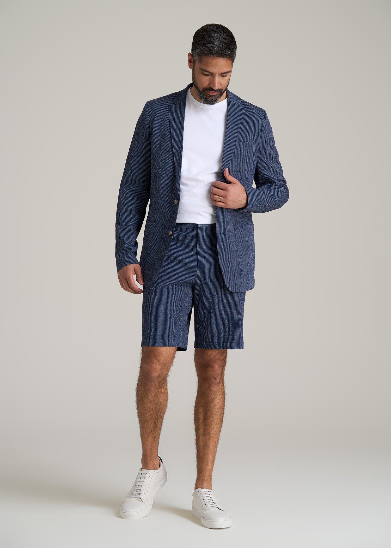 Stretch Seersucker Blazer for Tall Men in Navy and Off White Stripe Male Product Image