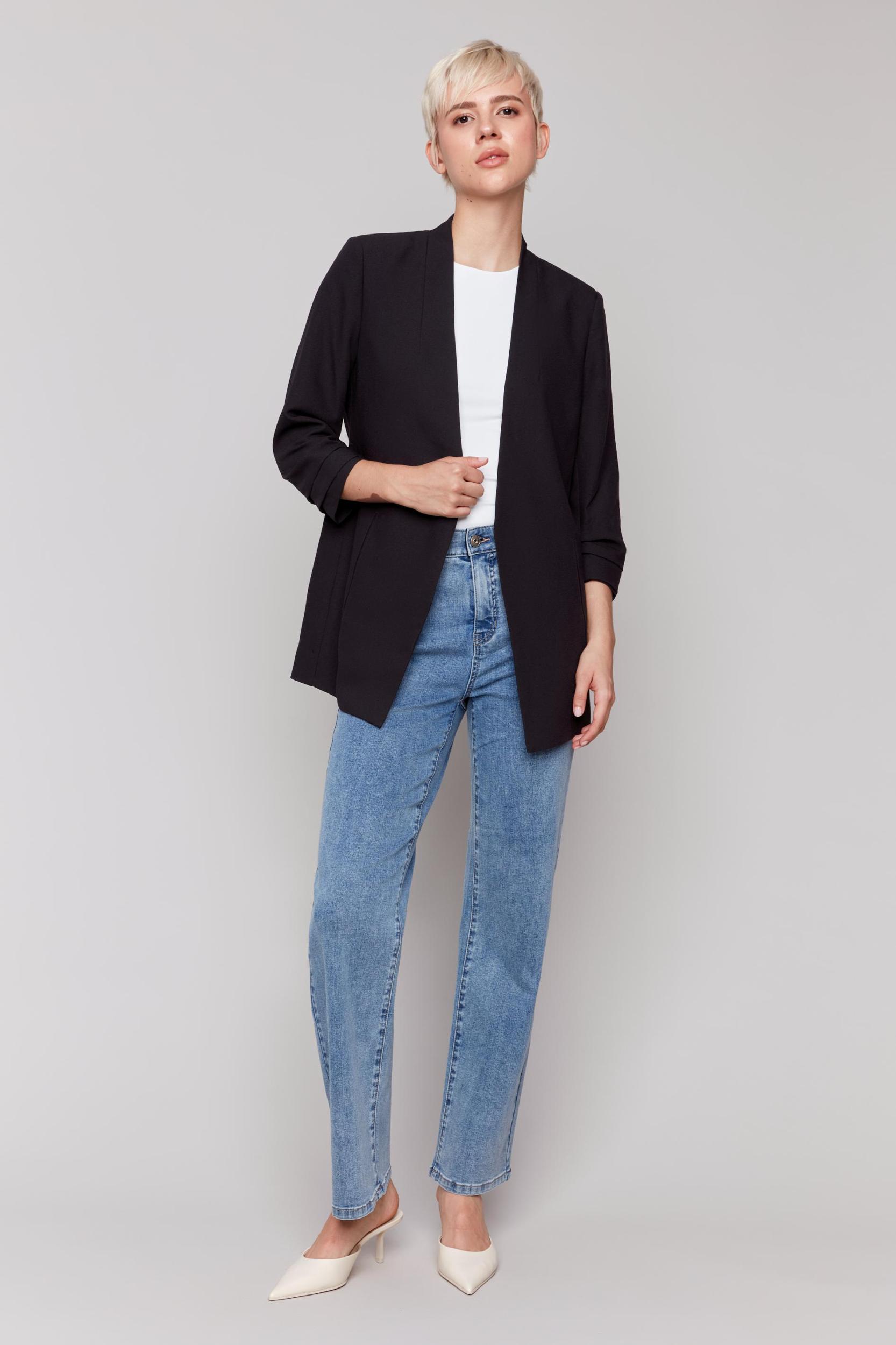 Black Crepe Jacket with Ruched Sleeves Product Image