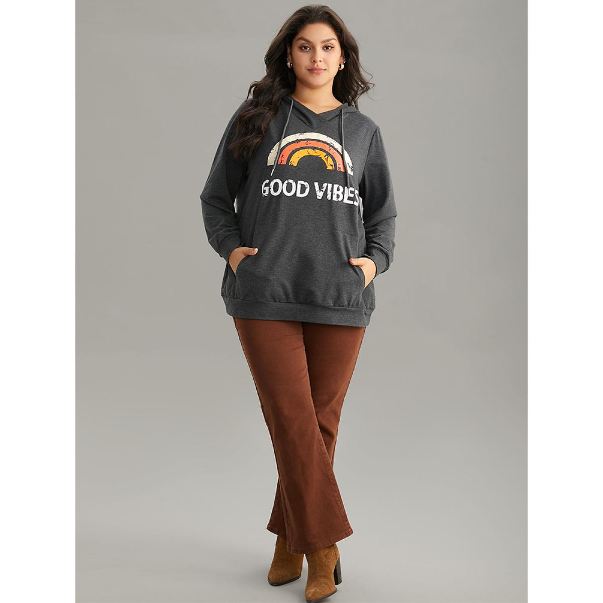 Plus Size Rainbow Print Kangaroo Pocket Hooded Sweatshirt Women DimGray Casual Printed Everyday Sweatshirts BloomChic 12/L Product Image