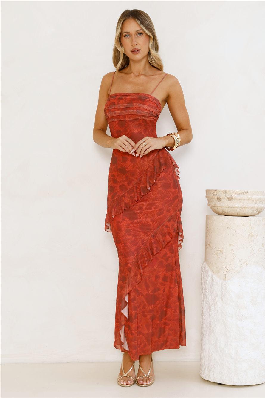 Gilded Muse Mesh Maxi Dress Red Product Image