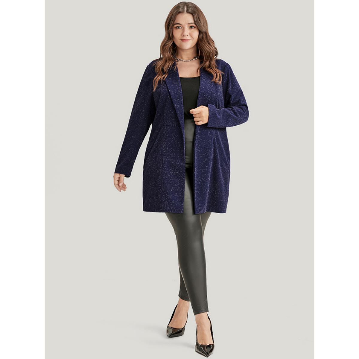 Plus Size Solid Sequin Open Front Blazer DarkBlue Women Going out Plain Pocket Sleeve Long Sleeve Suit Collar 28/5X Pocket Party Blazers BloomChic Product Image
