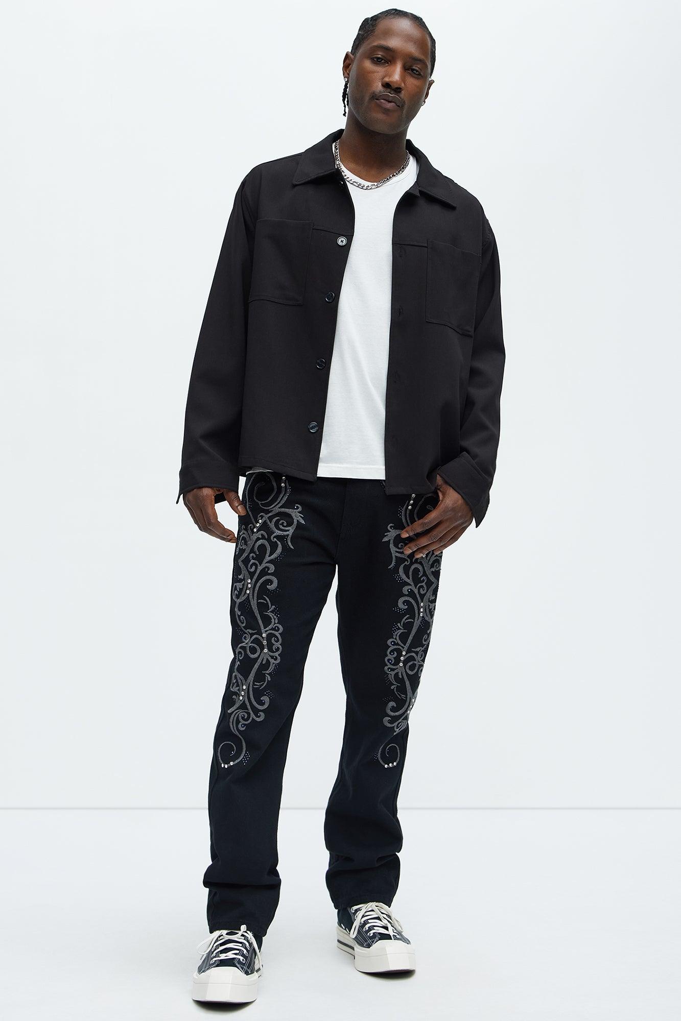 Kurt Rhinestone Embroidered Slim Jeans - Black Product Image