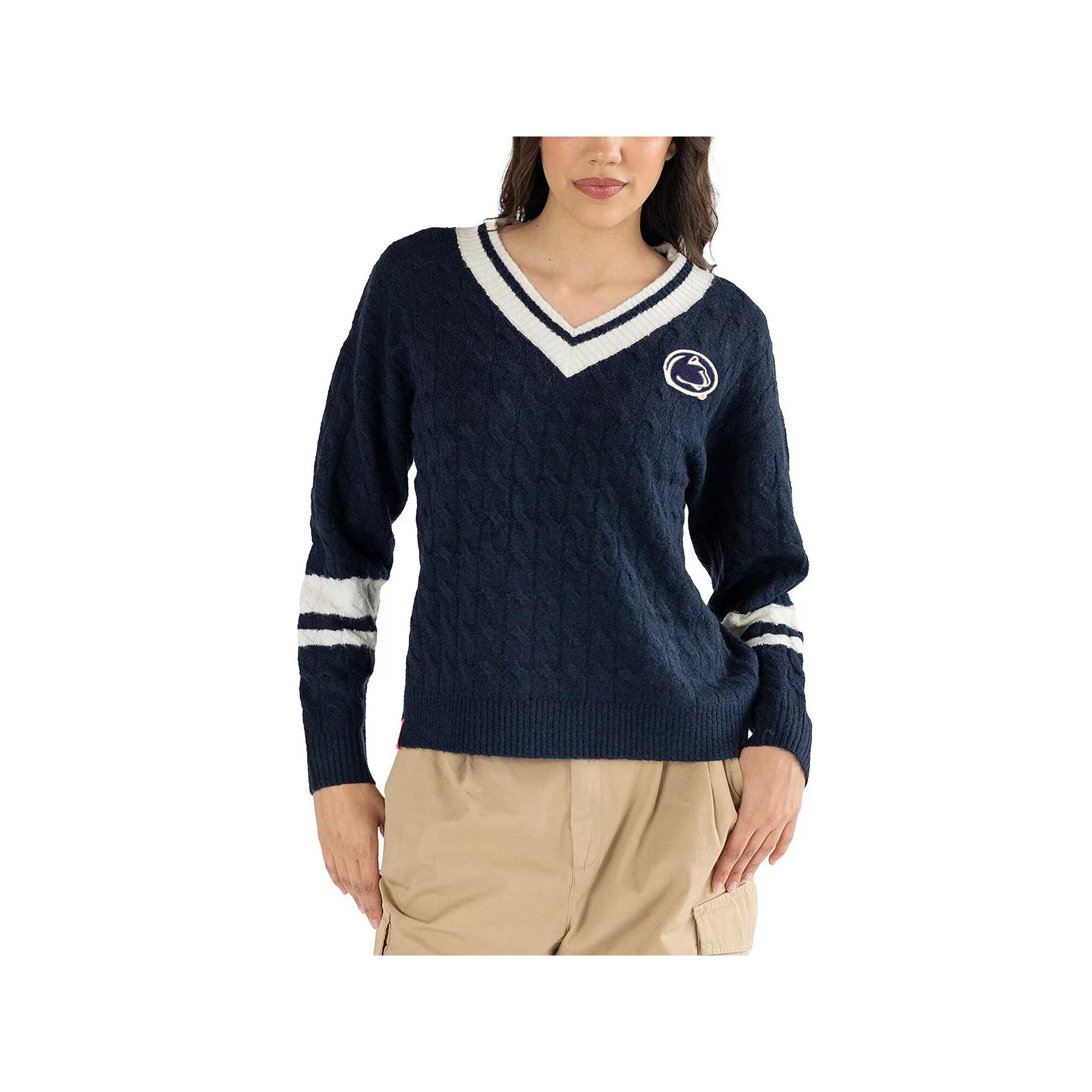 Women's Lusso Navy Penn State Nittany Lions Stella Cable Knit V-Neck Pullover Sweater, Size: XXL, Blue Product Image