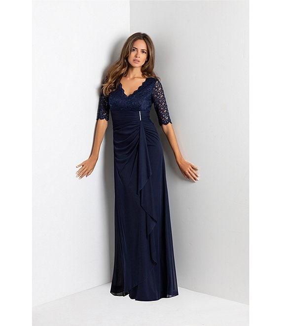 Betsy & Adam Sequin Lace V-Neck 3/4 Sleeve Gown Product Image