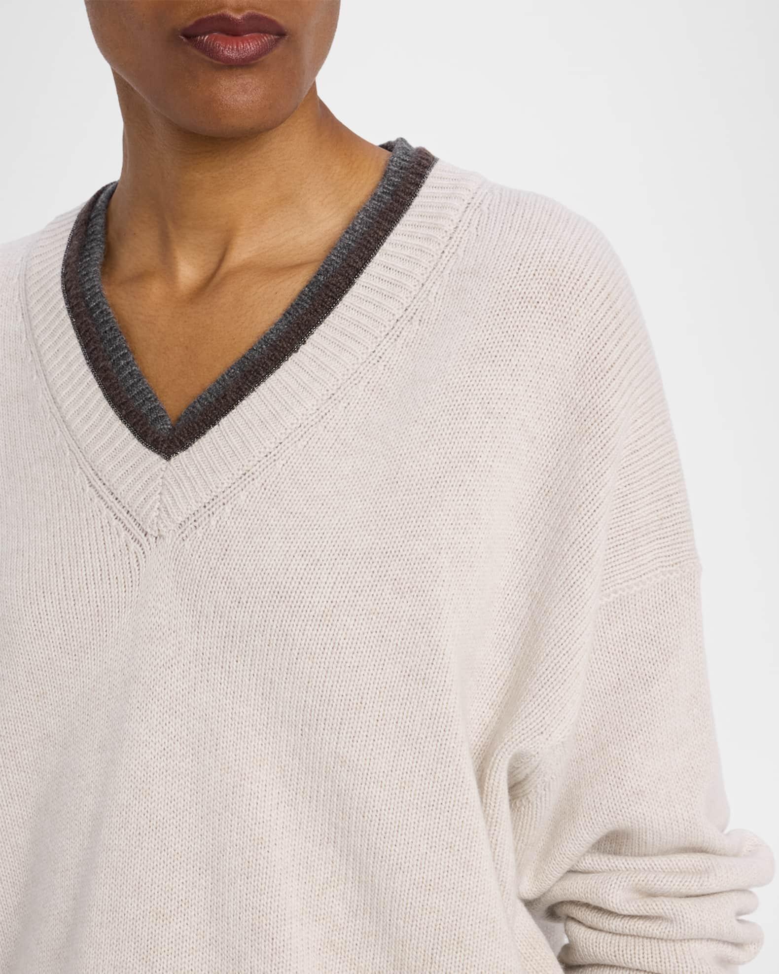 Cashmere Contrast Stripe V-Neck Sweater Product Image