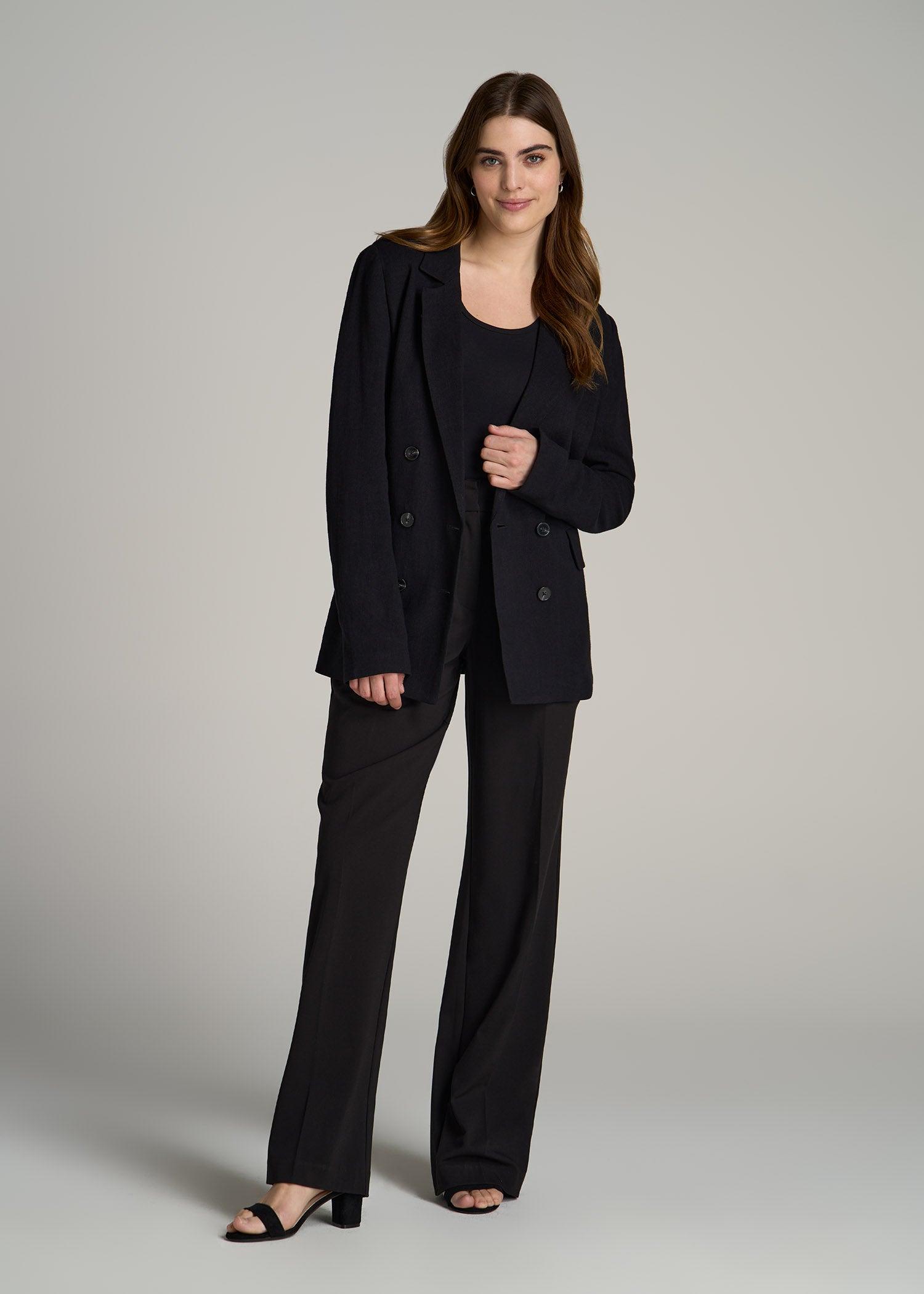 Linen Blend Tie Back Blazer For Tall Women in Black Female Product Image