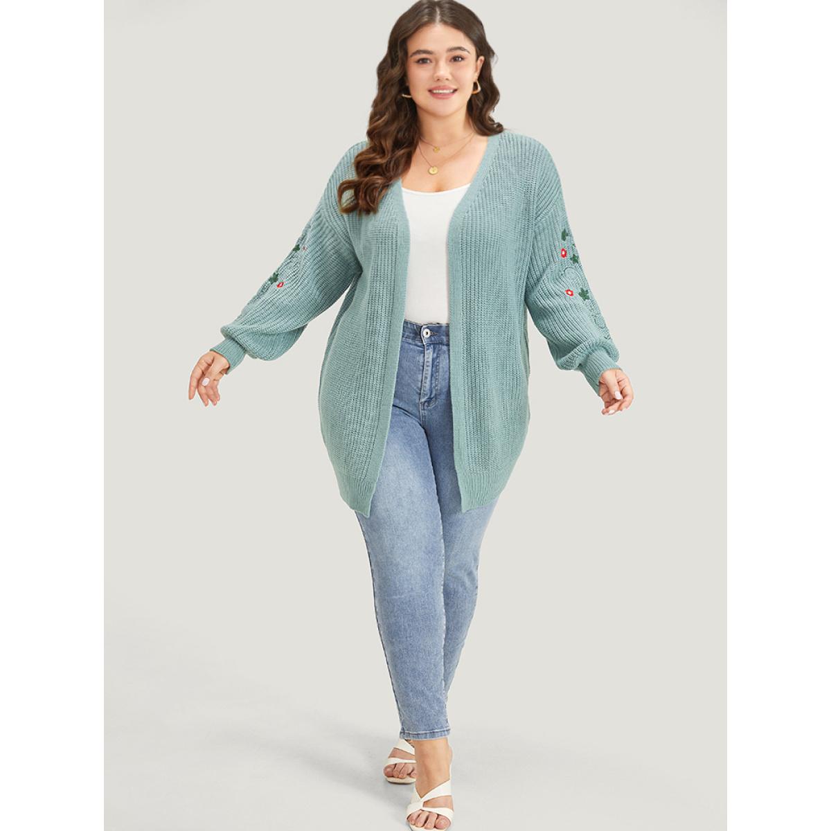 Plus Size Floral Embroidered Lantern Sleeve Drop Shoulder Cardigan Stone Women Casual Loose Long Sleeve Everyday Cardigans BloomChic 28/5X Product Image