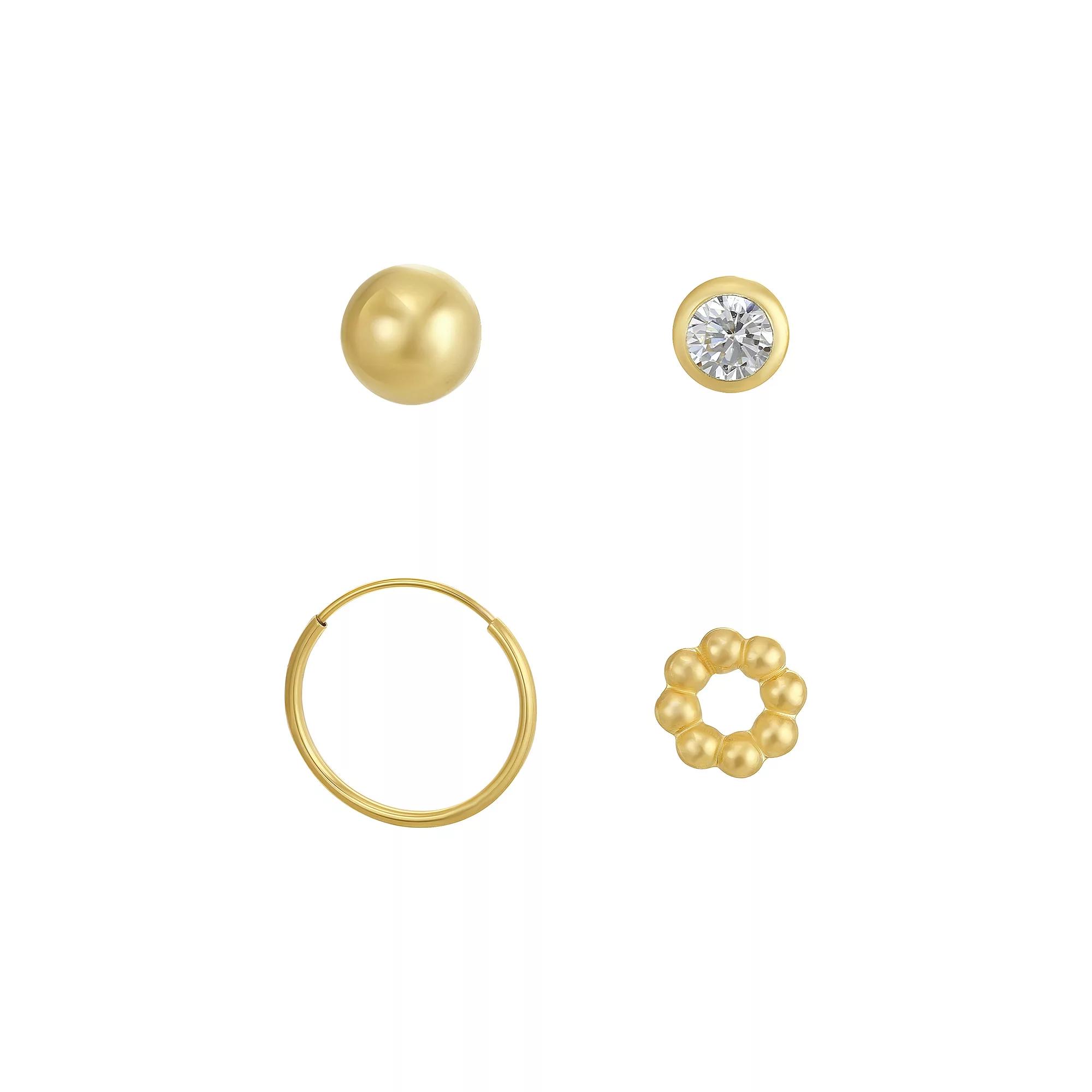 Taylor Grace 10k Gold Ball, Cubic Zirconia Bezel, Beaded Circle & Hoop Earring Set, Women's Product Image