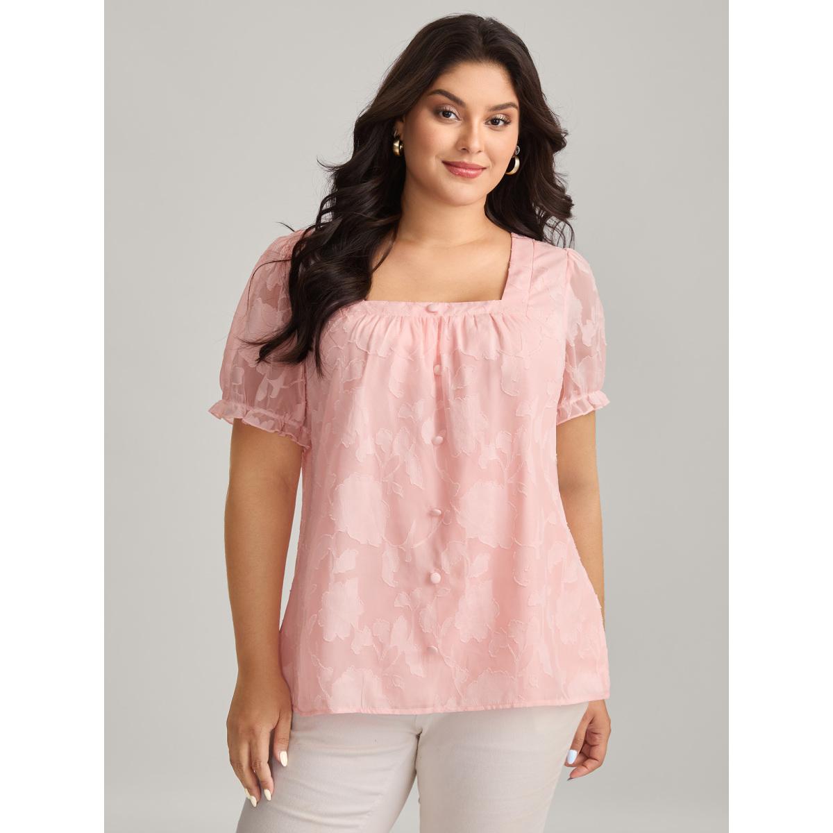 Plus Size MistyRose Floral Textured Button Detail Blouse Women Romantic Elbow-length sleeve Square Neck Elegant Blouses BloomChic 30/6X Product Image