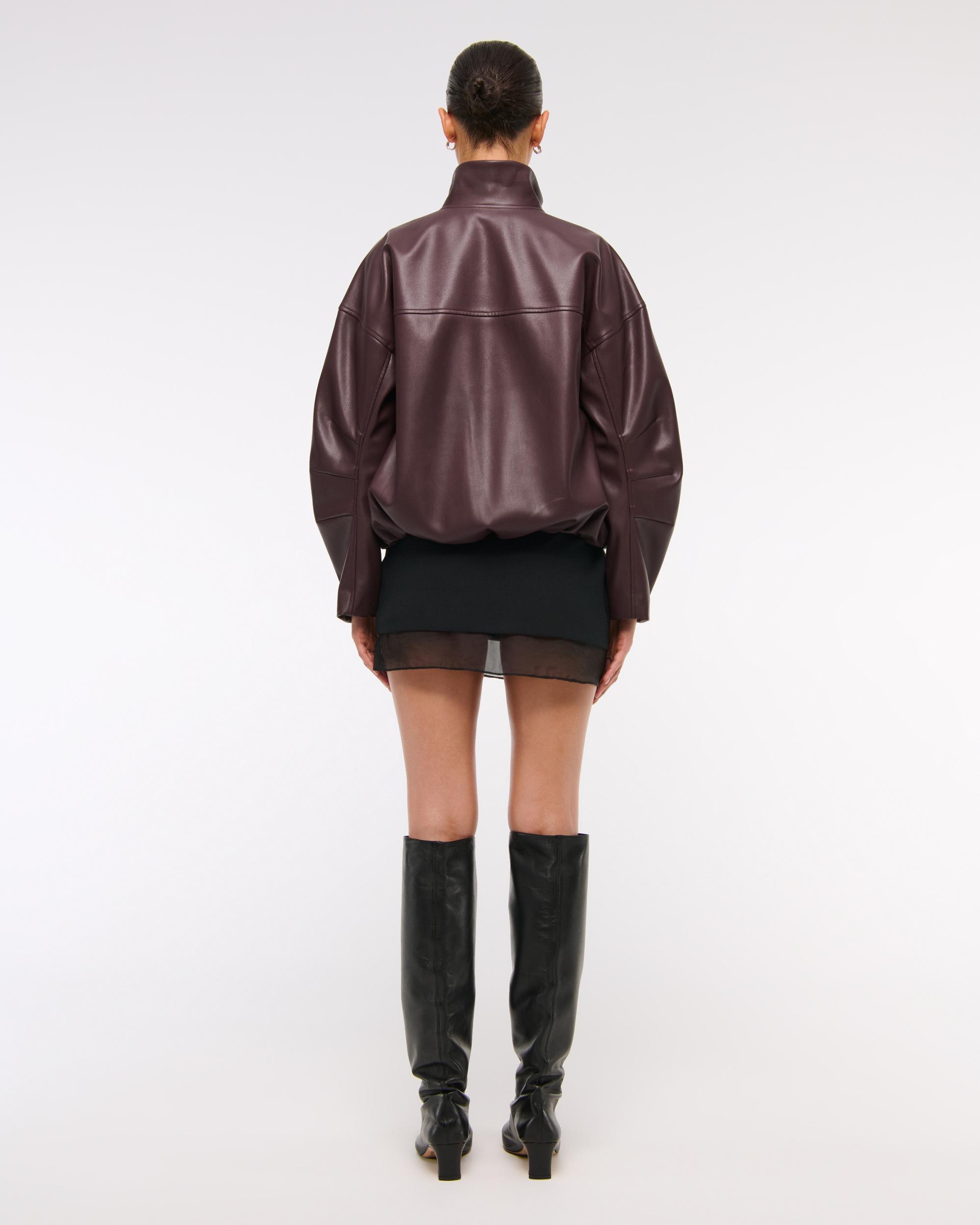 Bubble Hem Vegan Leather Bomber Jacket Product Image