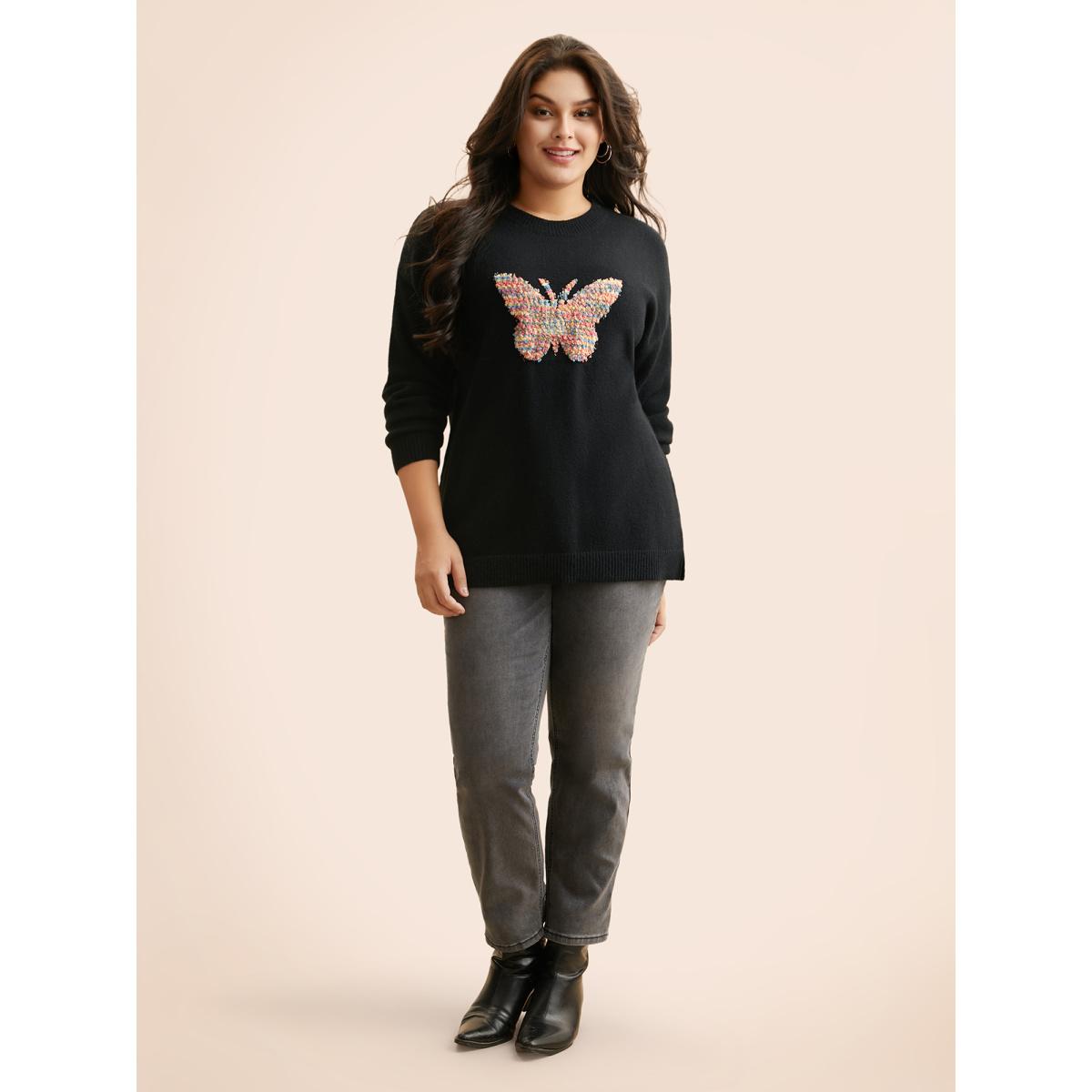 Plus Size Butterfly Jacquard Drop Shoulder Pullover Black Women Casual Long Sleeve Round Neck Everyday Pullovers BloomChic 14-16/1X Product Image